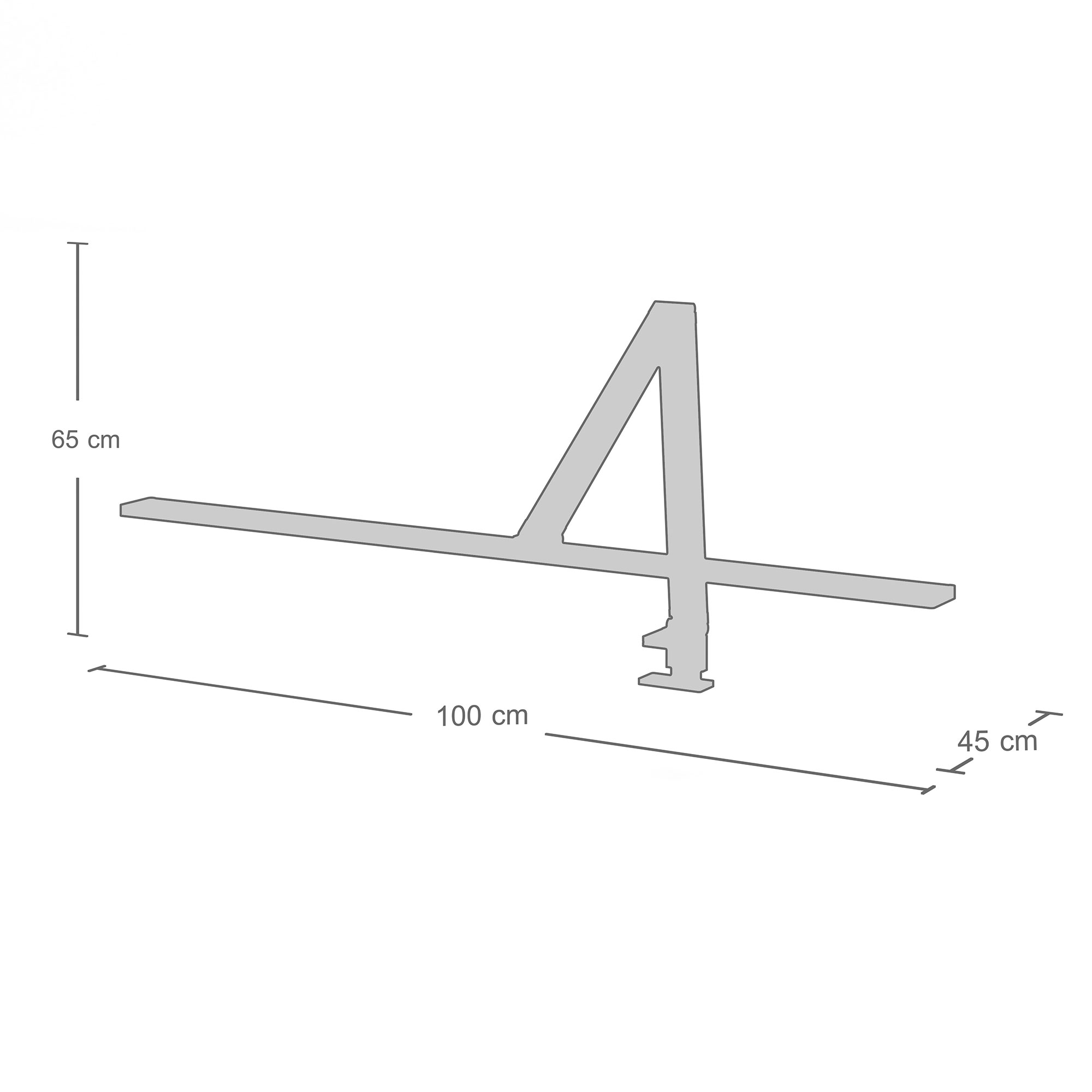 Technische Zeichnung eines Monitorarms mit den Maßen 100 × 45 × 65 cm