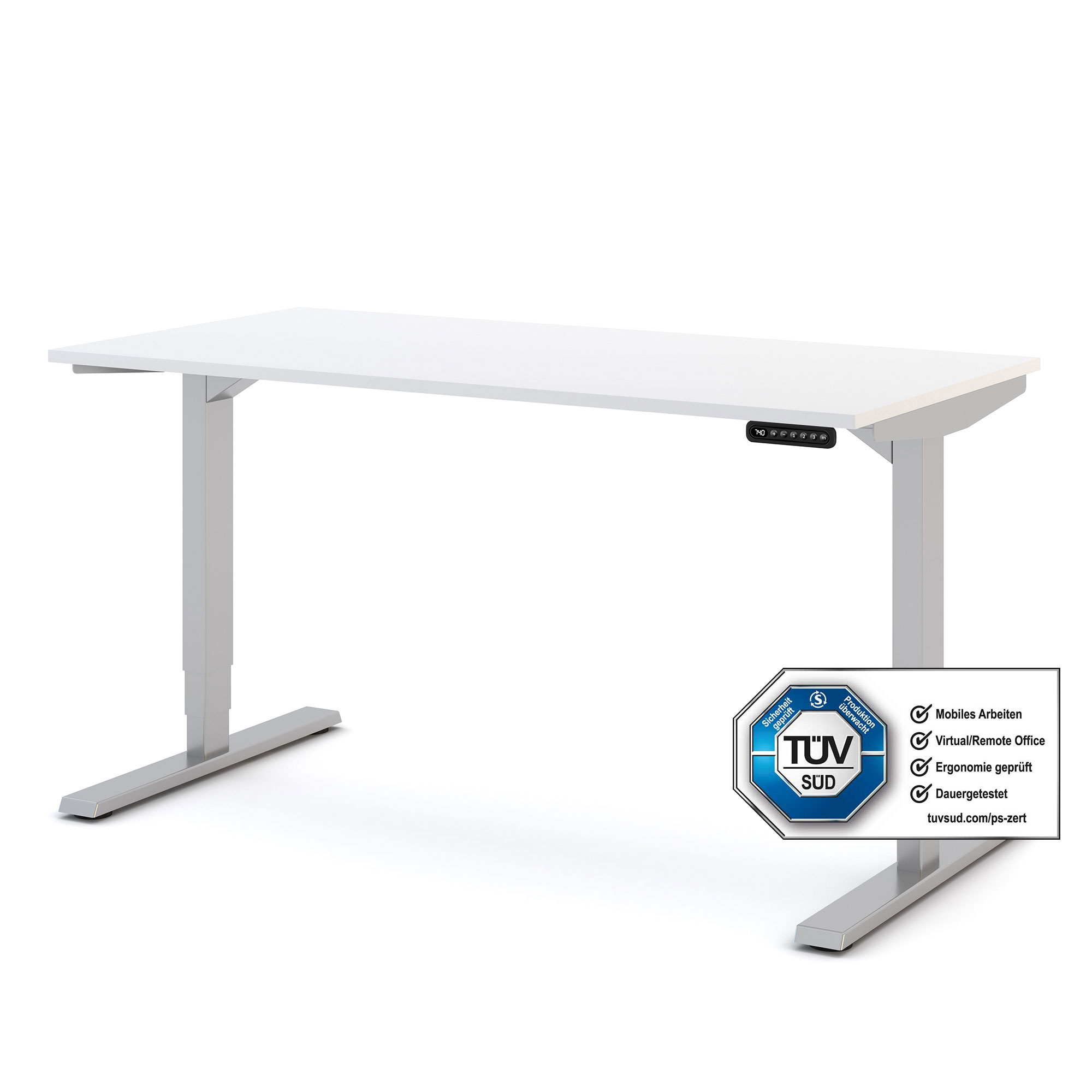 Ein höhenverstellbarer Schreibtisch in Weiß mit einer grauen Basis und einem TÜV SÜD Zertifikat für ergonomisches Arbeiten.