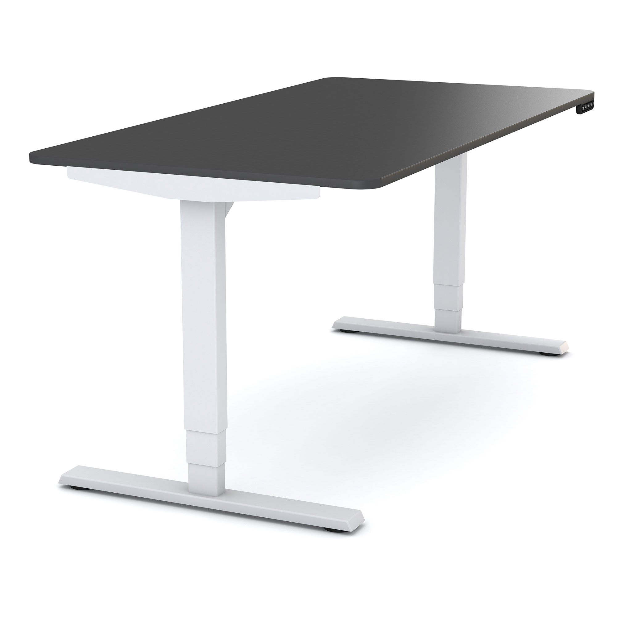 Ein höhenverstellbarer Tisch mit einer schwarzen Oberfläche und weißen Beinen.