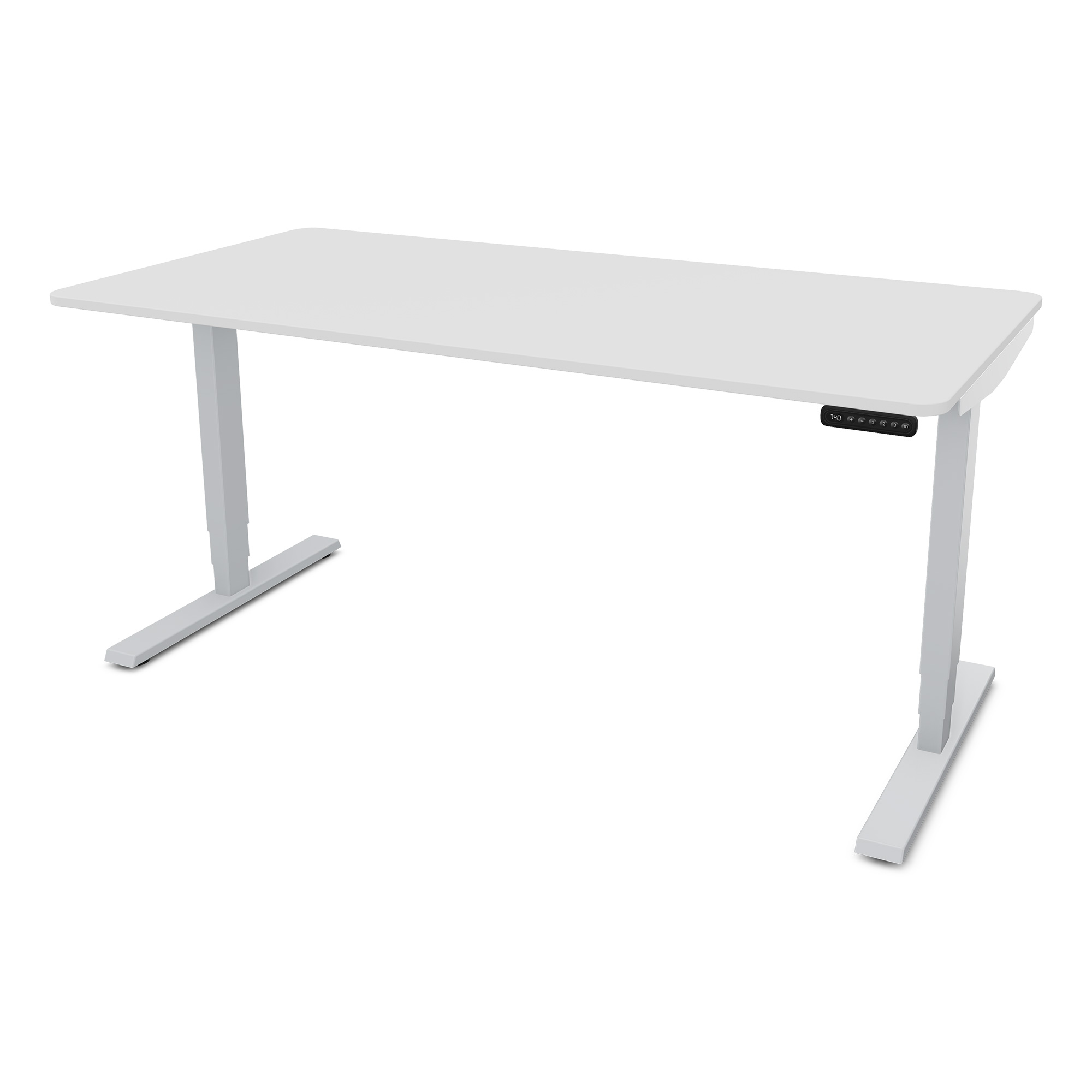 Elektrisch höhenverstellbarer Schreibtisch Y-Line Curved Ein höhenverstellbarer Schreibtisch in Weiß.