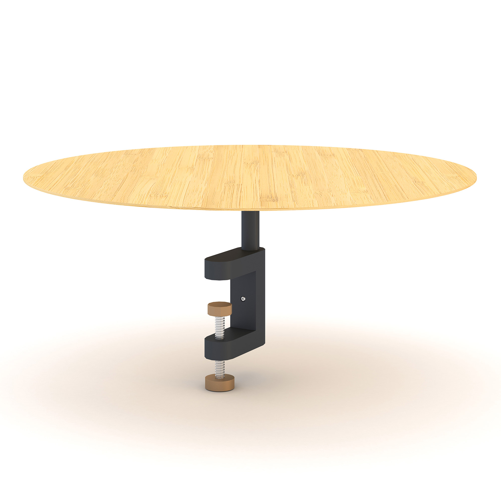 Ein runder Tisch mit einer Holzoberfläche und einer schwarzen, verstellbaren Halterung.