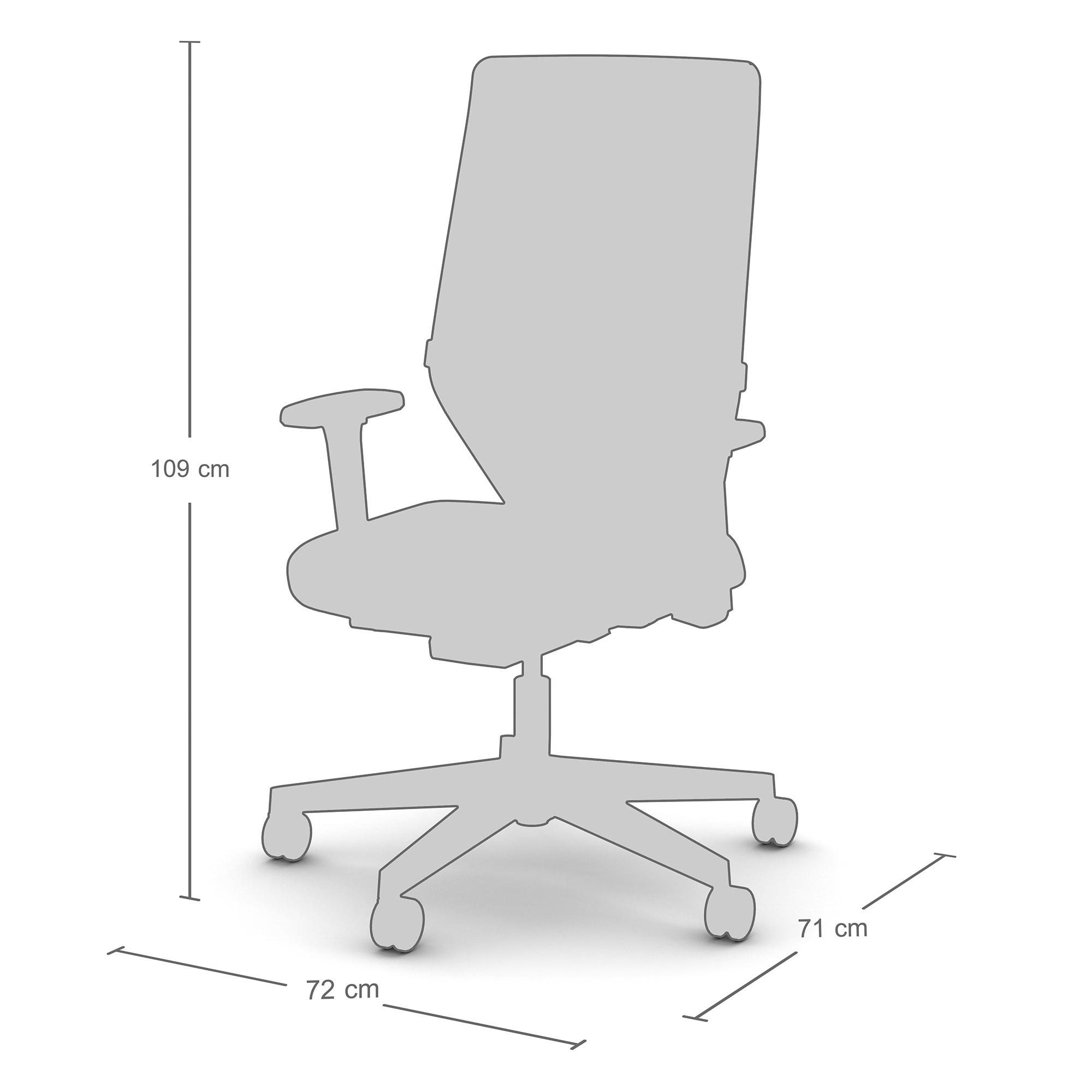 Maßgrafik eines ergonomischen Bürostuhls mit 109 cm Höhe und 72x71 cm Sitzfläche.