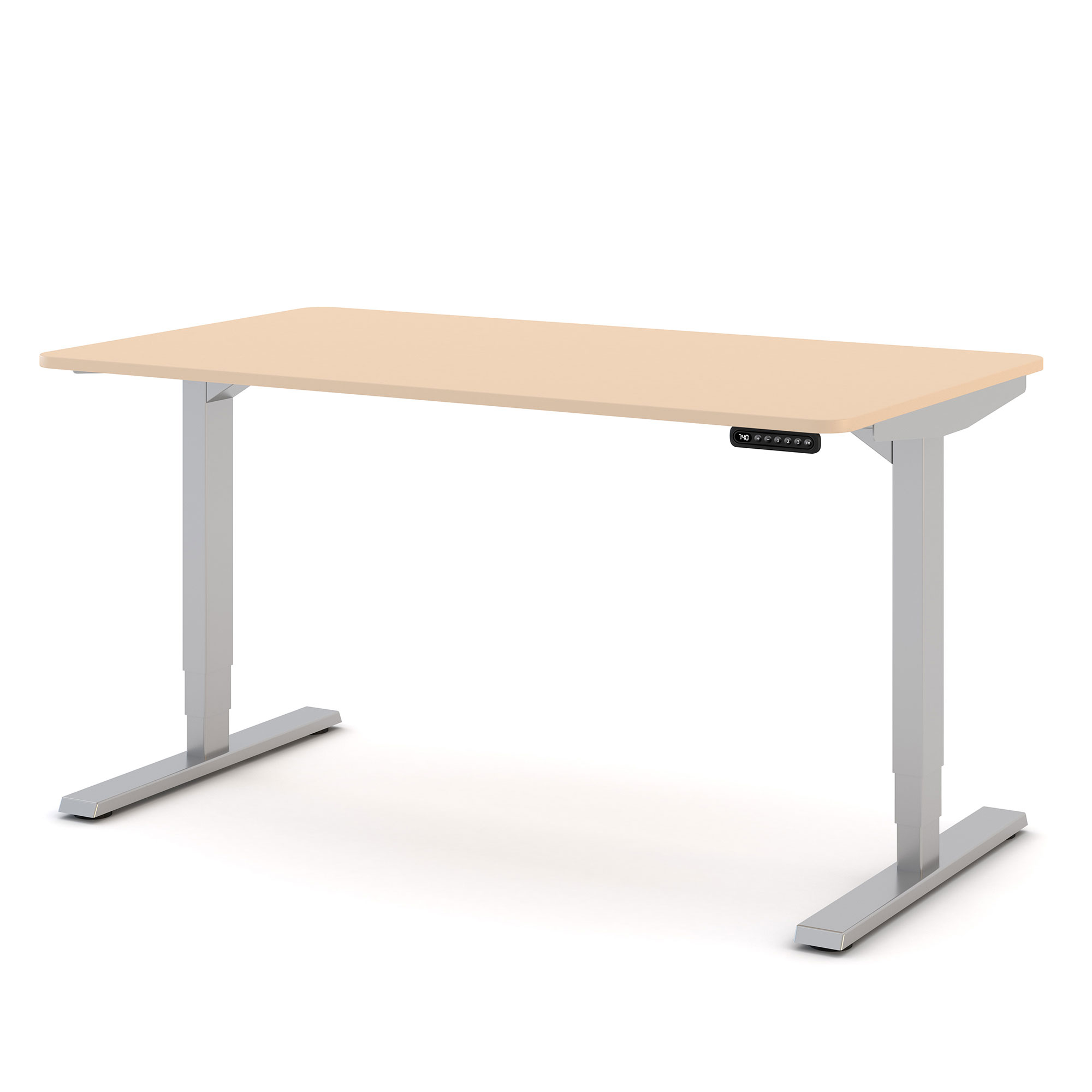 Höhenverstellbarer Schreibtisch mit silbernem Gestell und Holzplatte