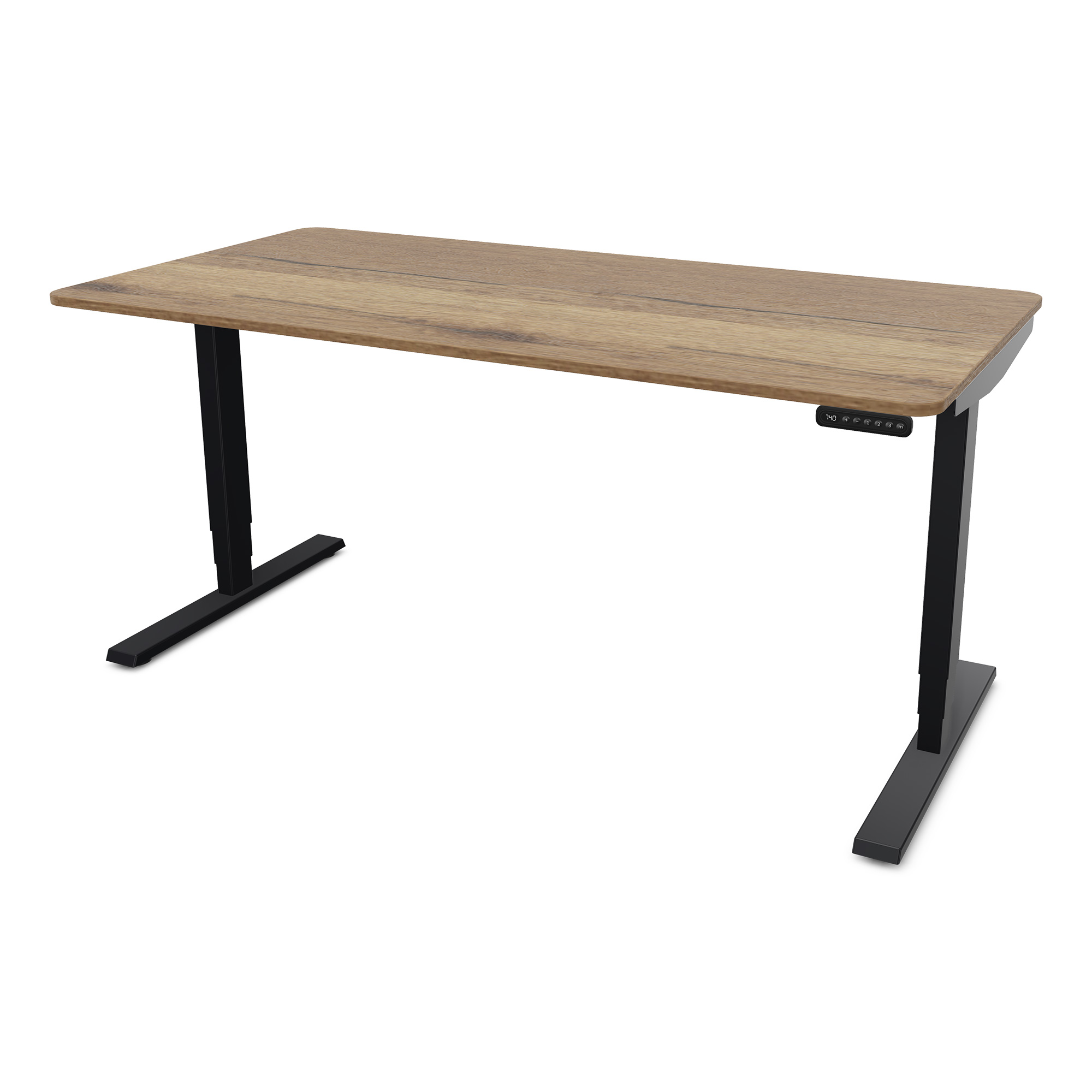 Ein moderner Schreibtisch mit einer Holzplatte und schwarzen Metallbeinen.