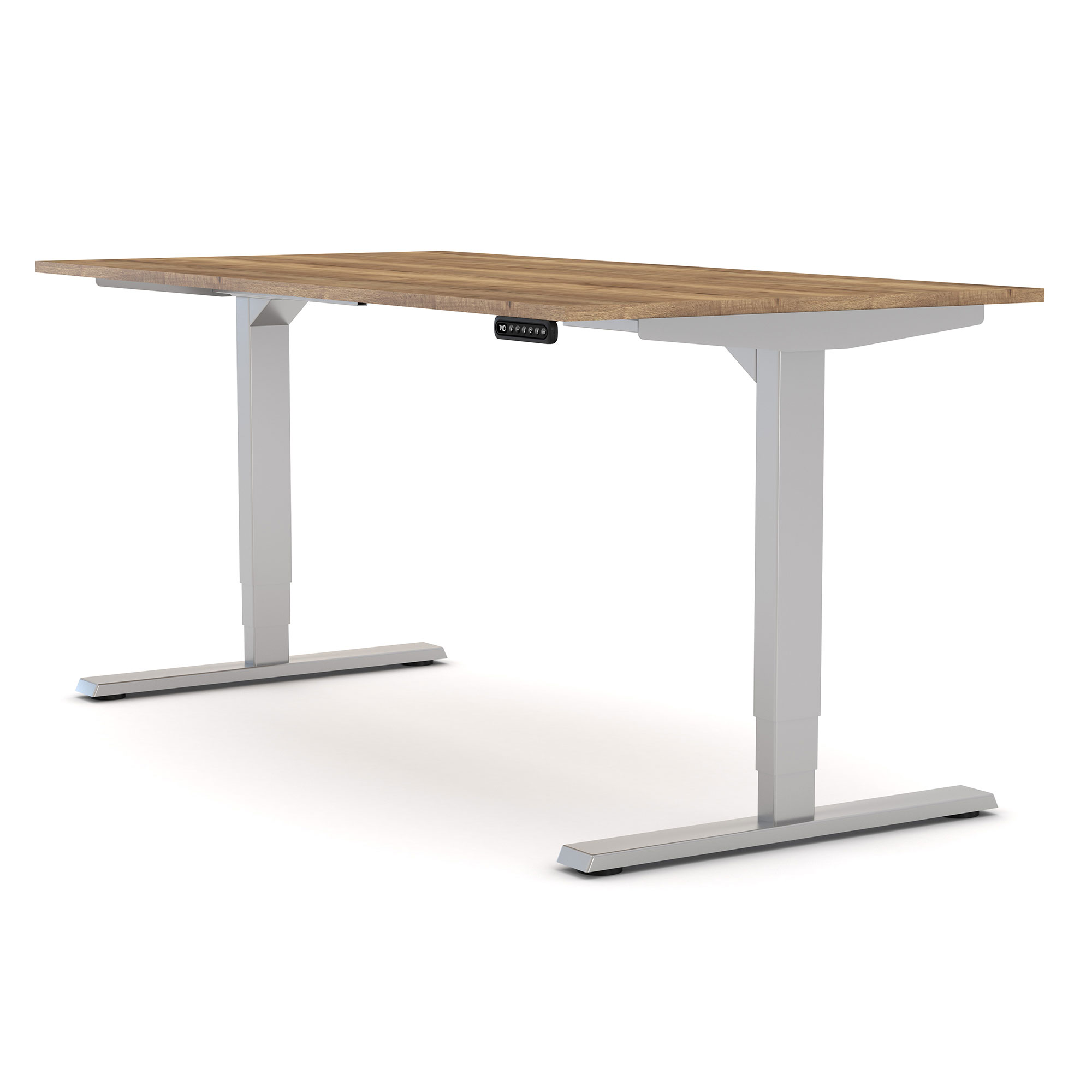 Höhenverstellbarer Schreibtisch mit Holzplatte und silbernem Gestell.