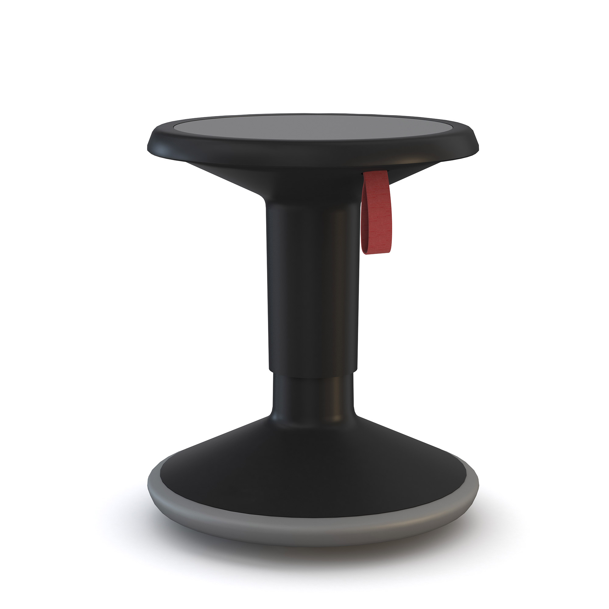 Schwarzer ergonomischer Aktivstuhl mit rundem Sitz, rotem Tragegriff und schwingender Basis.