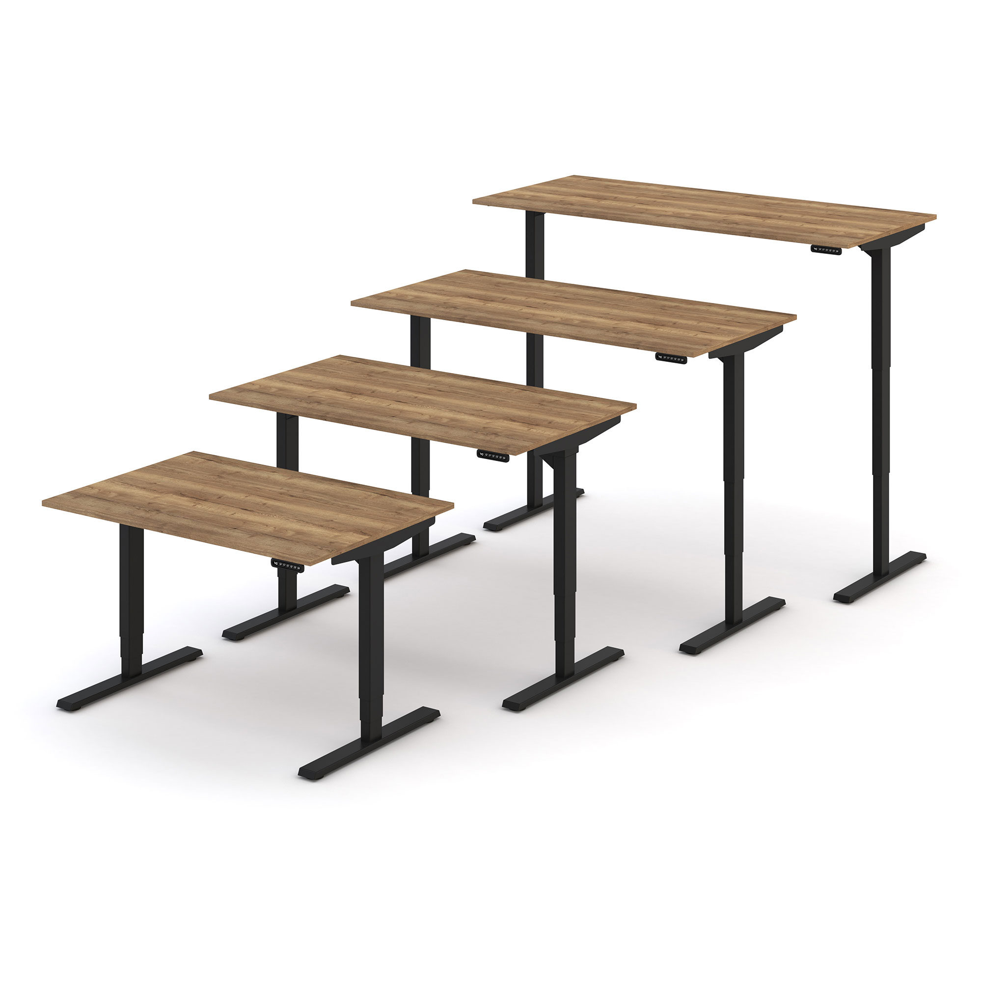 Vier höhenverstellbare Schreibtische mit Holzoberflächen und schwarzen Metallgestellen.
