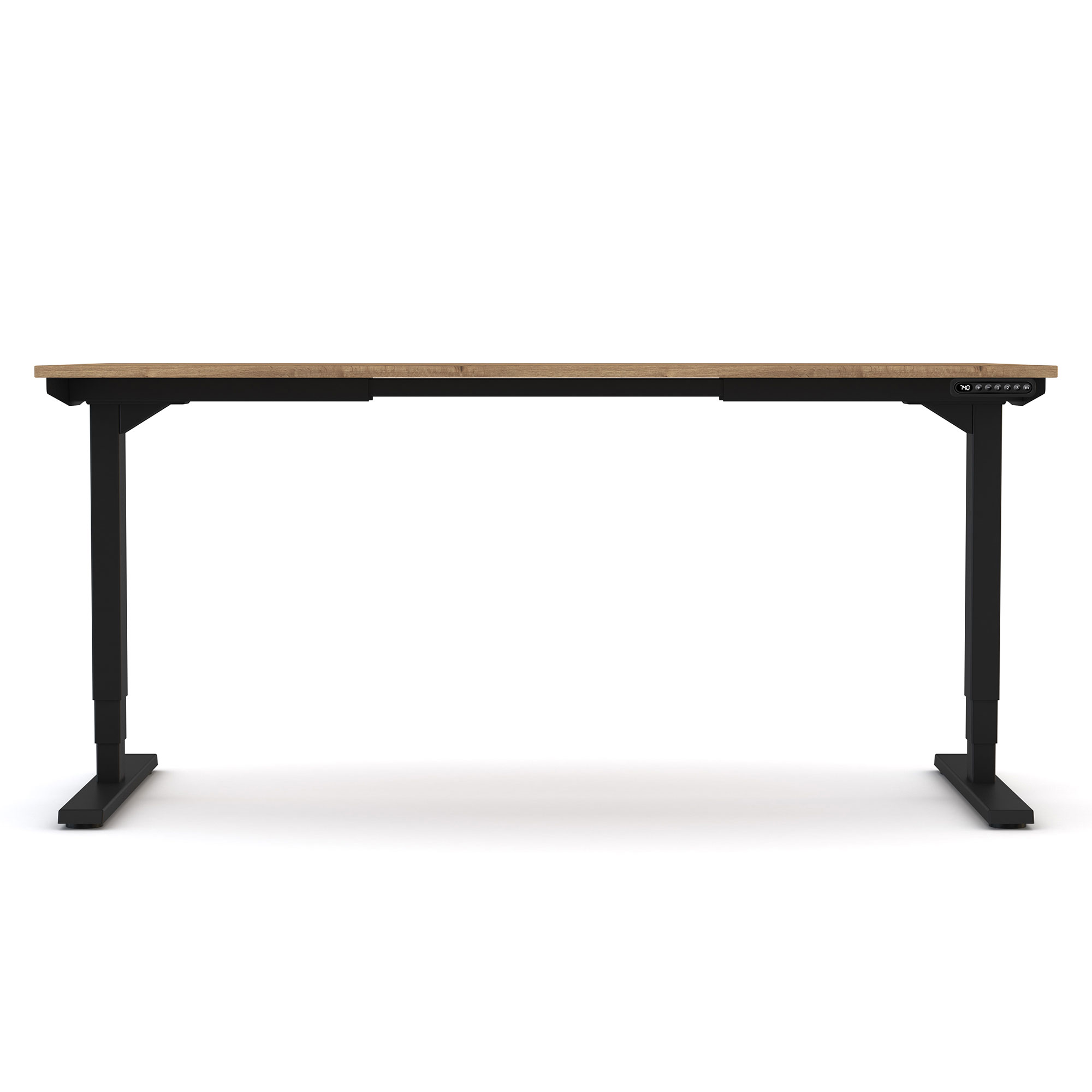 Höhenverstellbarer Schreibtisch mit Eichenplatte und schwarzem Gestell in Frontansicht