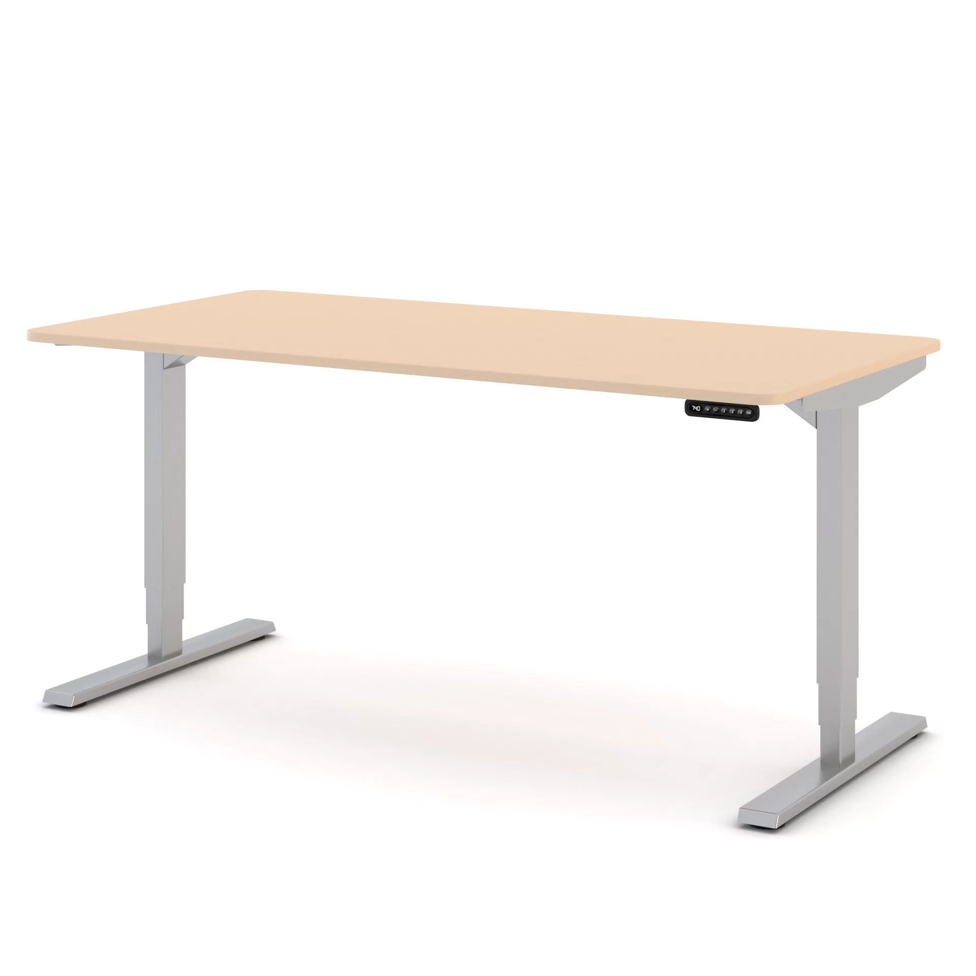 Schreibtisch mit hellem Holzdekor und höhenverstellbarem Gestell in Grau.