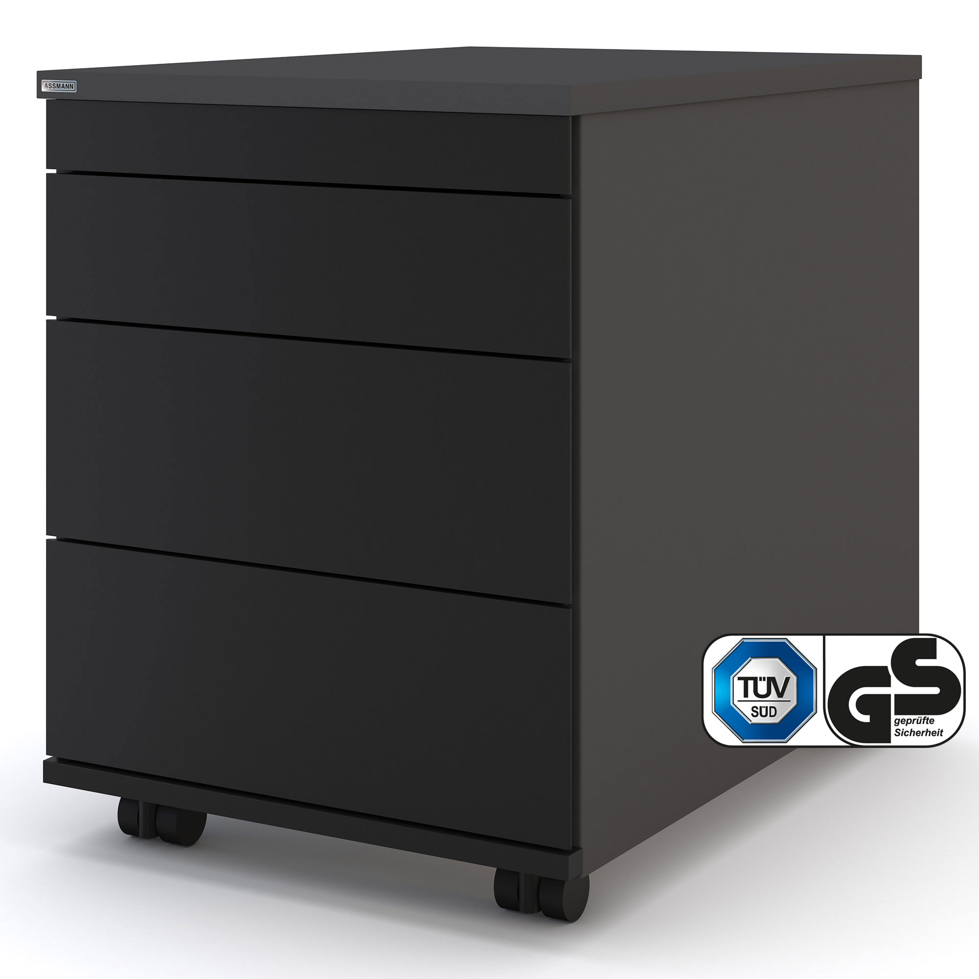 Rollcontainer Pontis mit Metallfront und 4 Schubladen Ein schwarzer Rollcontainer mit vier Schubladen und Rollen.