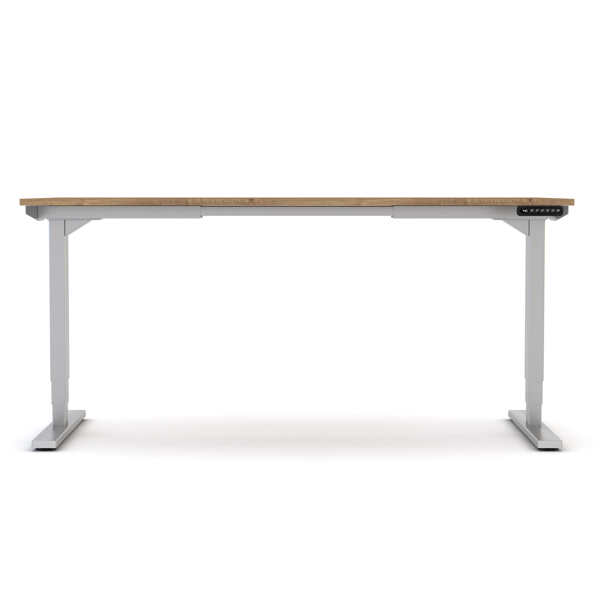 Höhenverstellbarer Schreibtisch mit Holzplatte und weißem Gestell in Frontansicht.