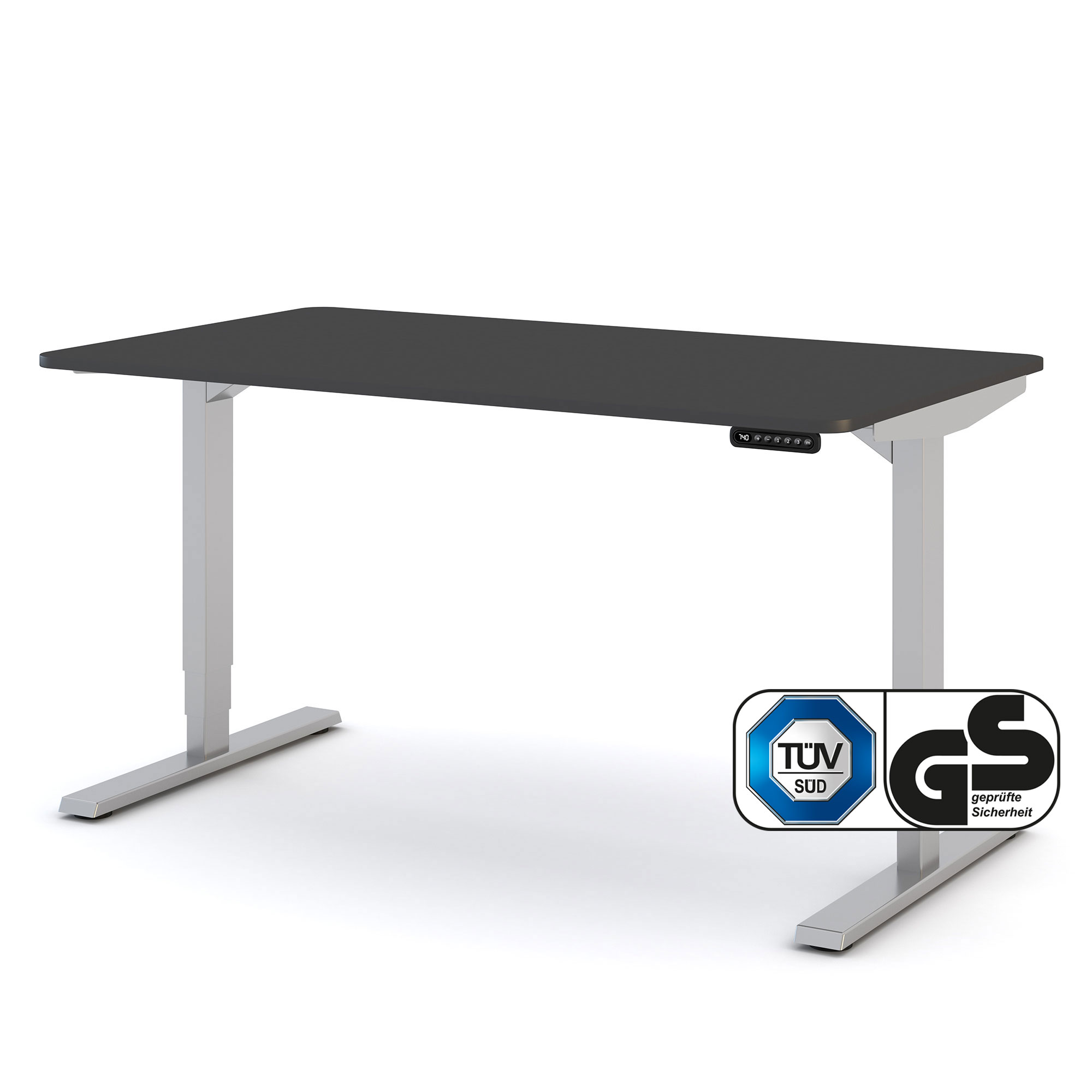 Elektrisch höhenverstellbarer Schreibtisch Y-Line Curved Schwarzer höhenverstellbarer Schreibtisch mit TÜV- und GS-Siegel auf weißem Hintergrund.