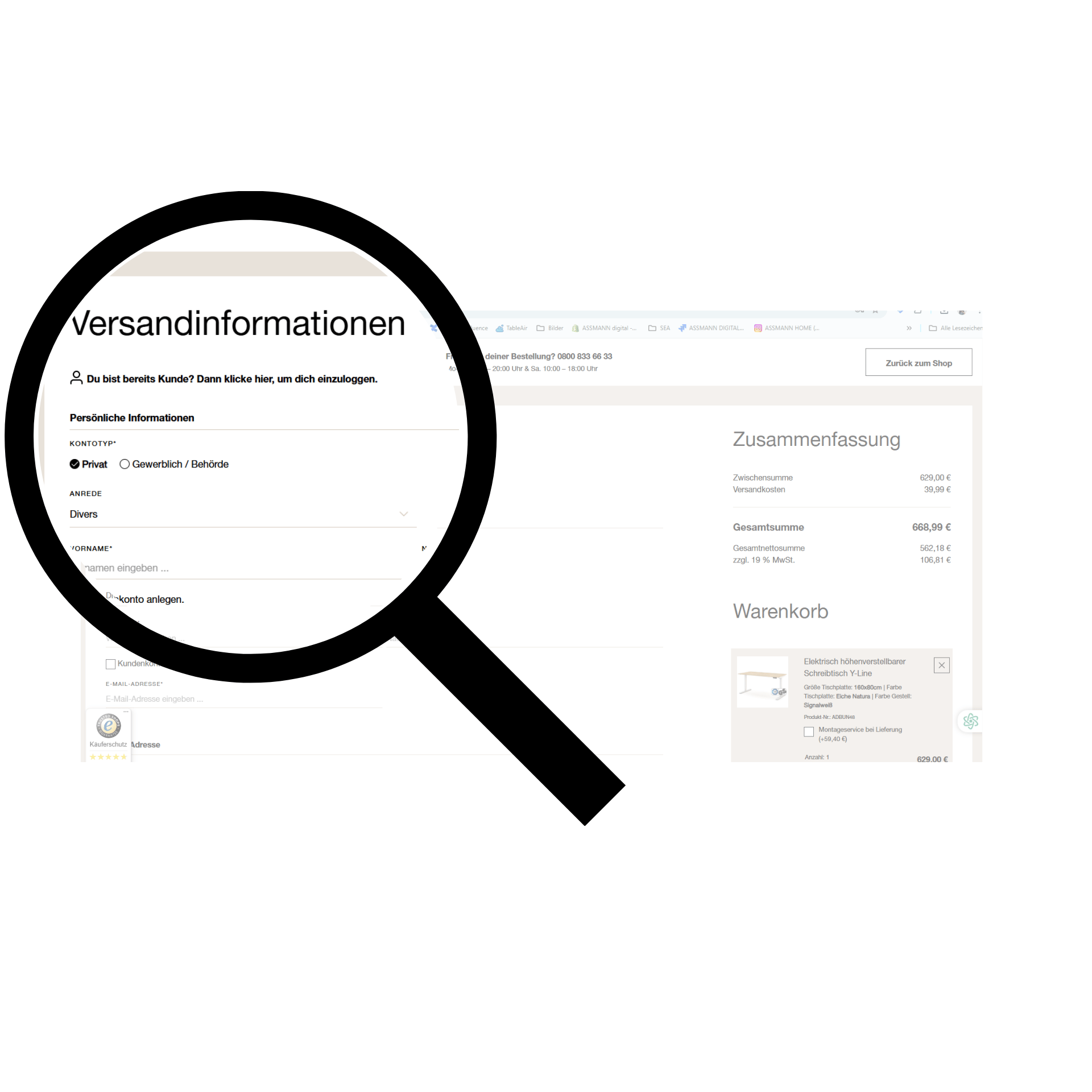 Screenshot des Assmann HOME Onlineshops mit hervorgehobenen Versandinformationen im Checkout-Prozess