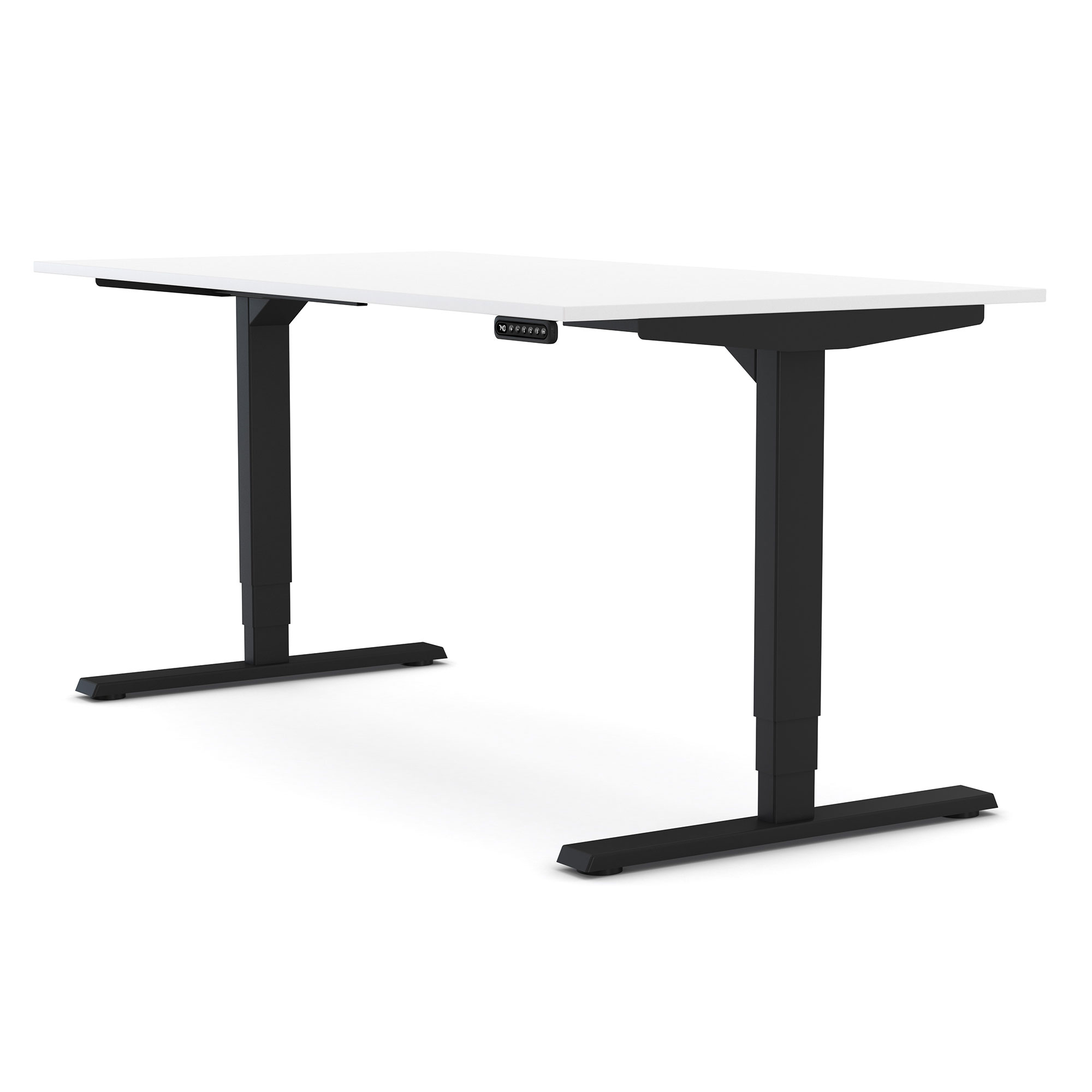 Moderner, höhenverstellbarer Schreibtisch mit weißer Tischplatte und schwarzen Beinen.