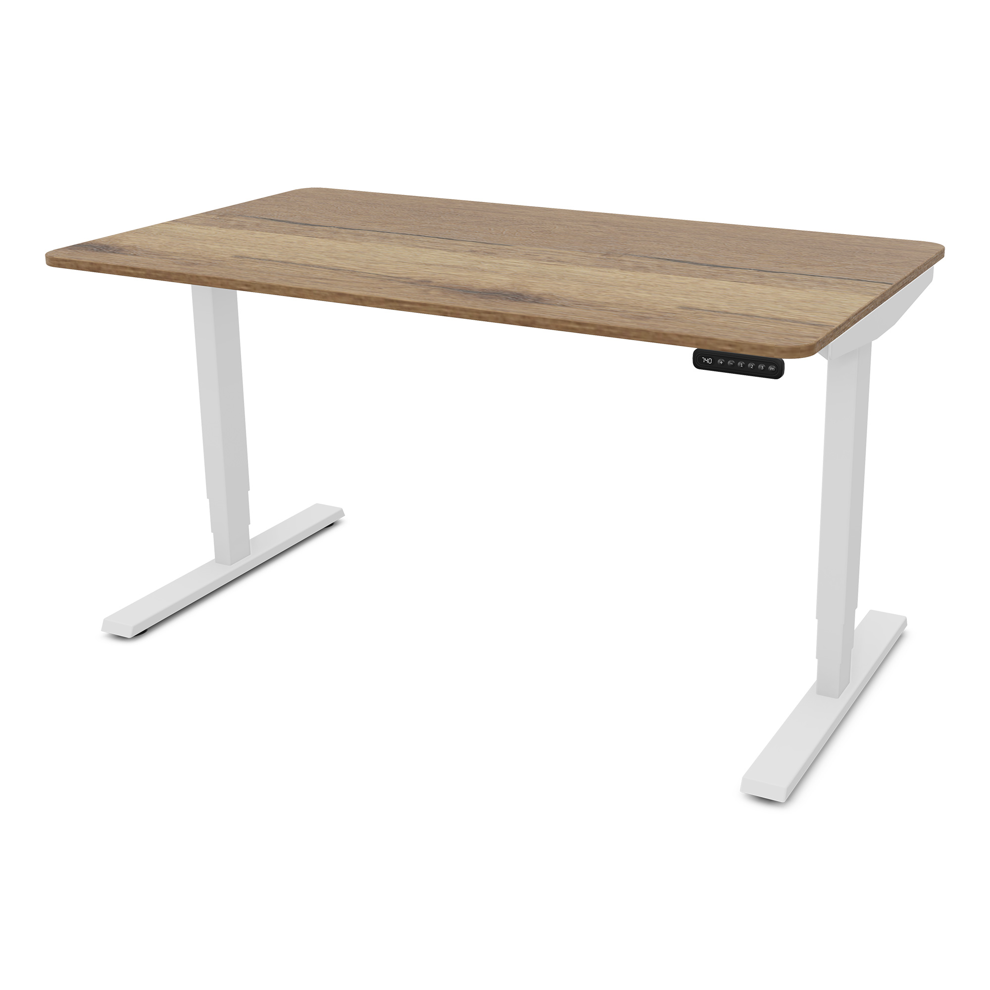 Elektrisch höhenverstellbarer Schreibtisch Y-Line Curved Ein höhenverstellbarer Tisch mit einer Holzplatte und weißen Beinen.