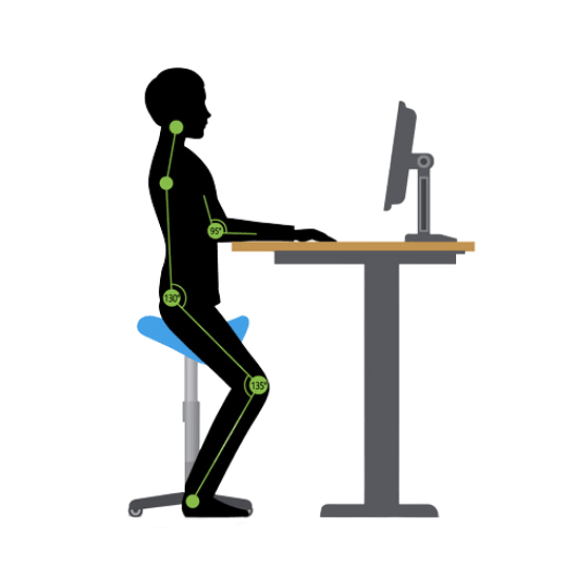 Eine Silhouette einer sitzenden Person an einem Schreibtisch mit einem Computer, die Gelenkwinkel sind markiert.