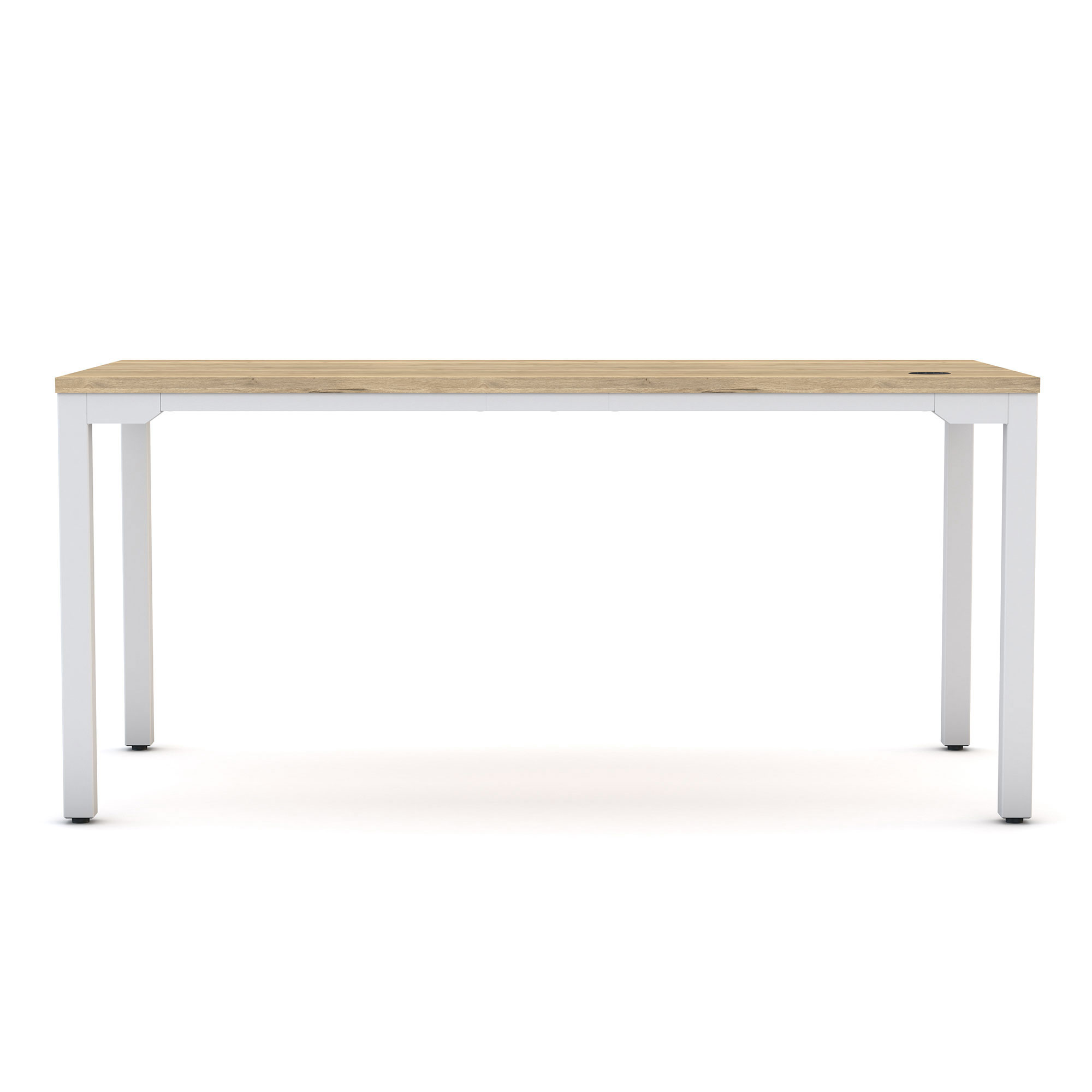 Ein einfacher Tisch mit einer Holzoberfläche und weißen Metallbeinen.