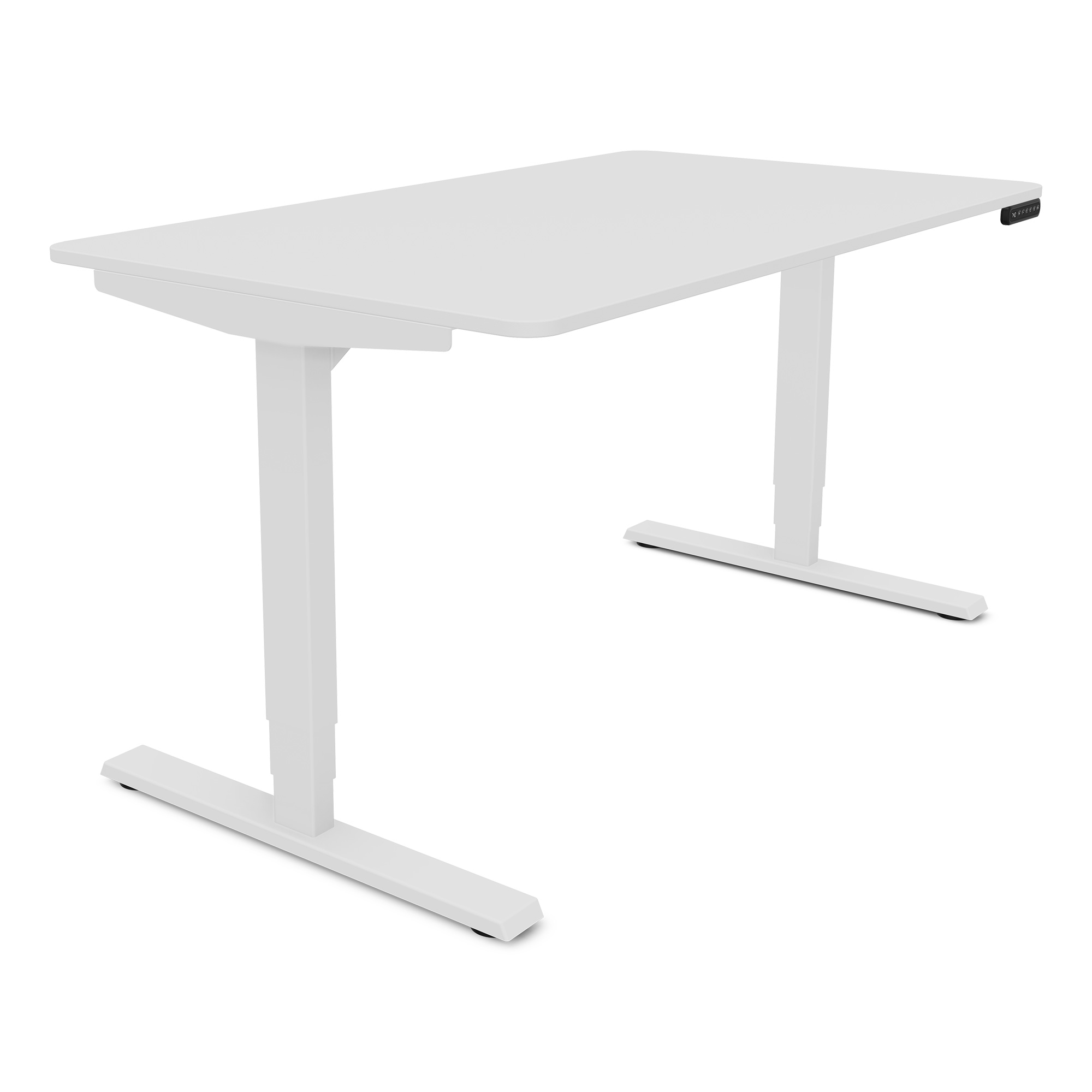 Ein weißer Schreibtisch mit höhenverstellbaren Beinen und Bedienelementen an der Seite.