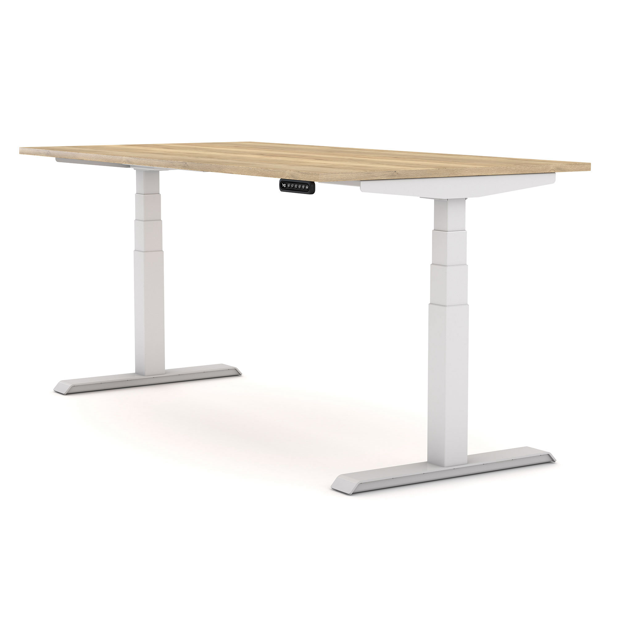 Höhenverstellbarer Schreibtisch mit Holzdekorplatte und weißem T-Fuß-Gestell