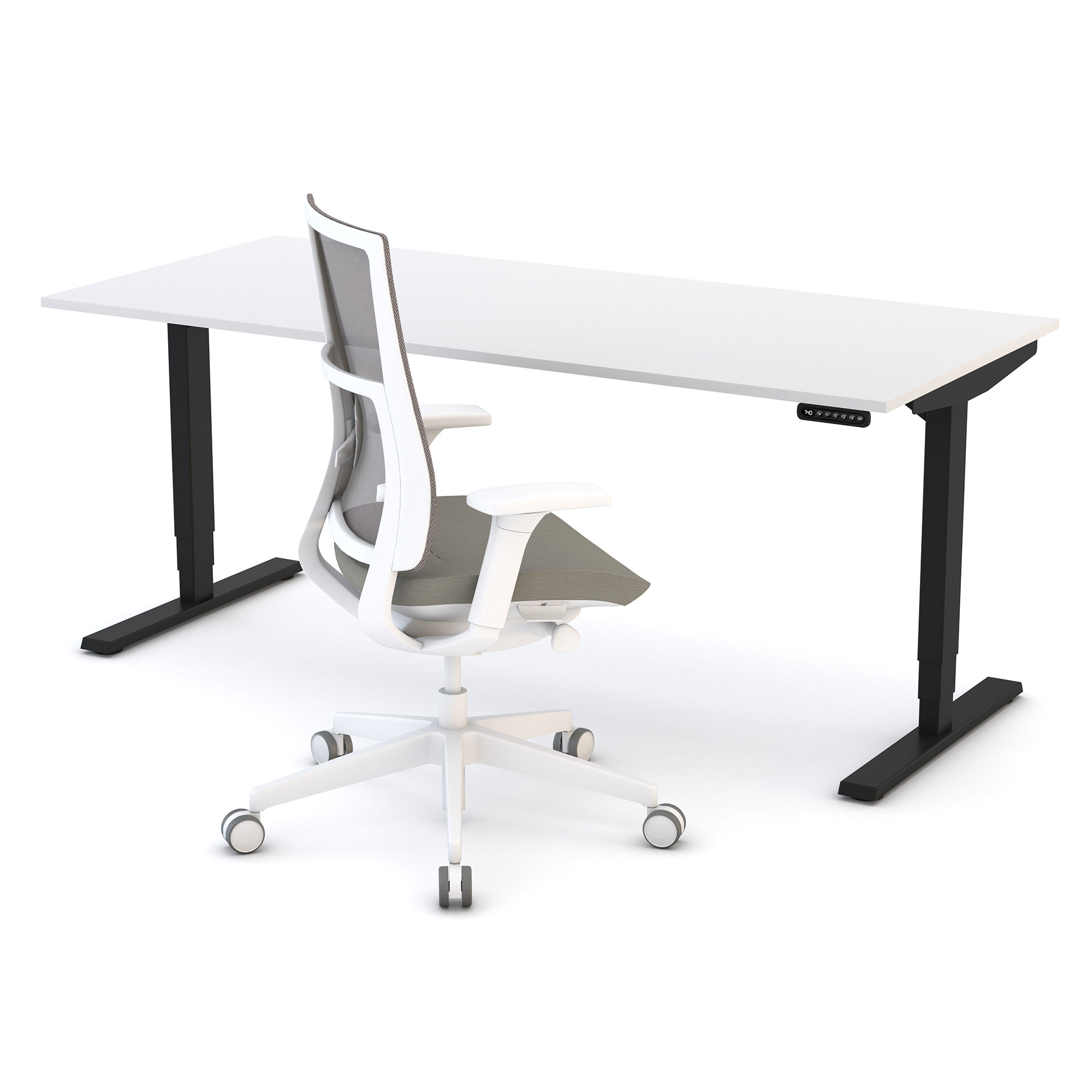 Elektrisch höhenverstellbarer Schreibtisch Y-Line Ein Schreibtisch mit einem weißen Tischblatt und einem höhenverstellbaren schwarzen Gestell, daneben ein moderner Bürostuhl in Weiß und Grau.
