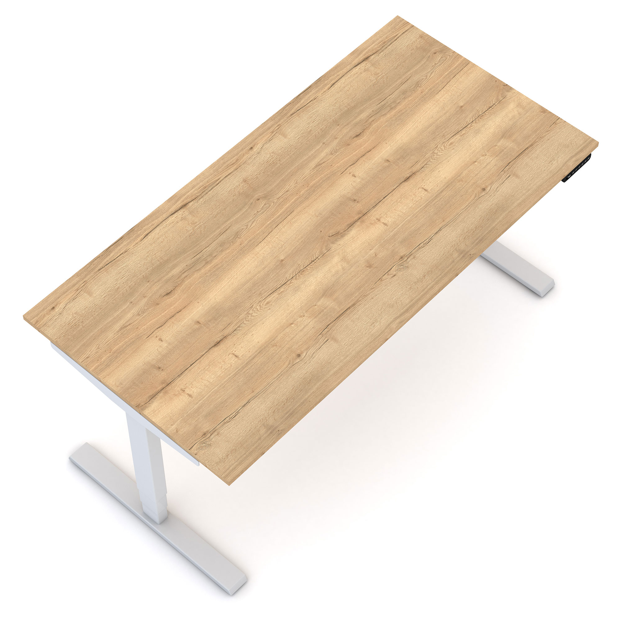 Schreibtisch mit Holzplatte und weißem Gestell aus der Vogelperspektive