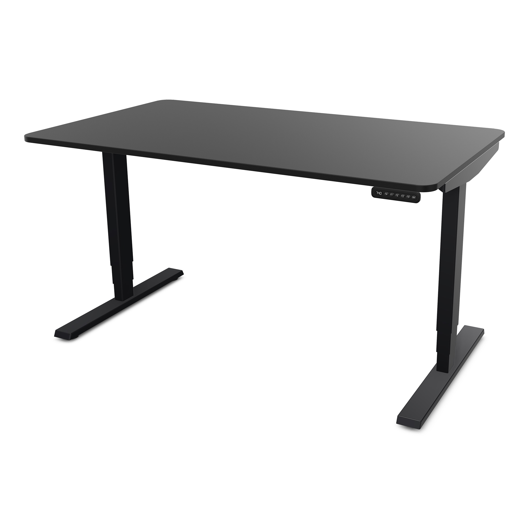 Ein schwarzer Schreibtisch mit rechteckiger Tischplatte und verstellbaren Beinen.