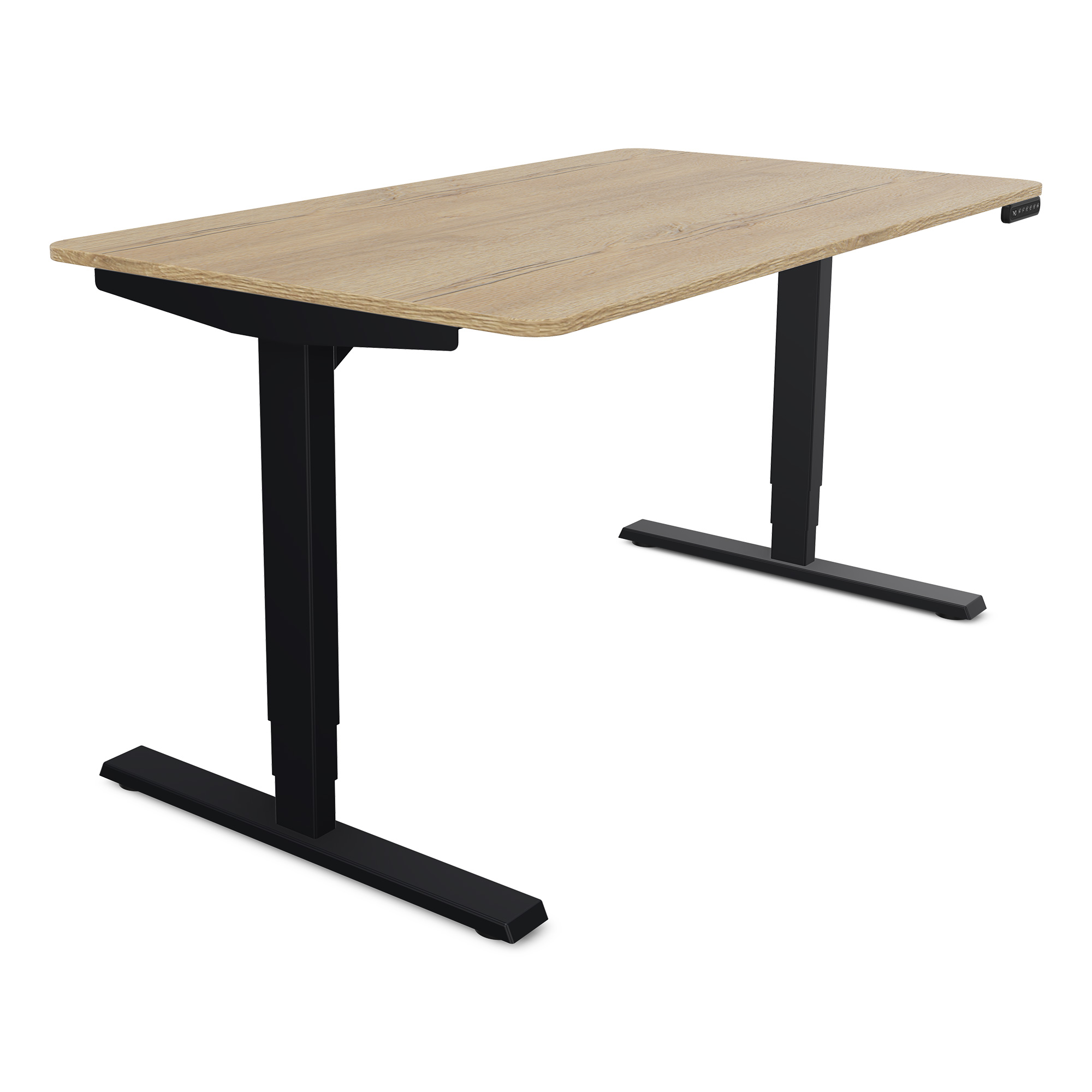 Ein moderner Schreibtisch mit einer Holzplatte und schwarzen Metallbeinen.