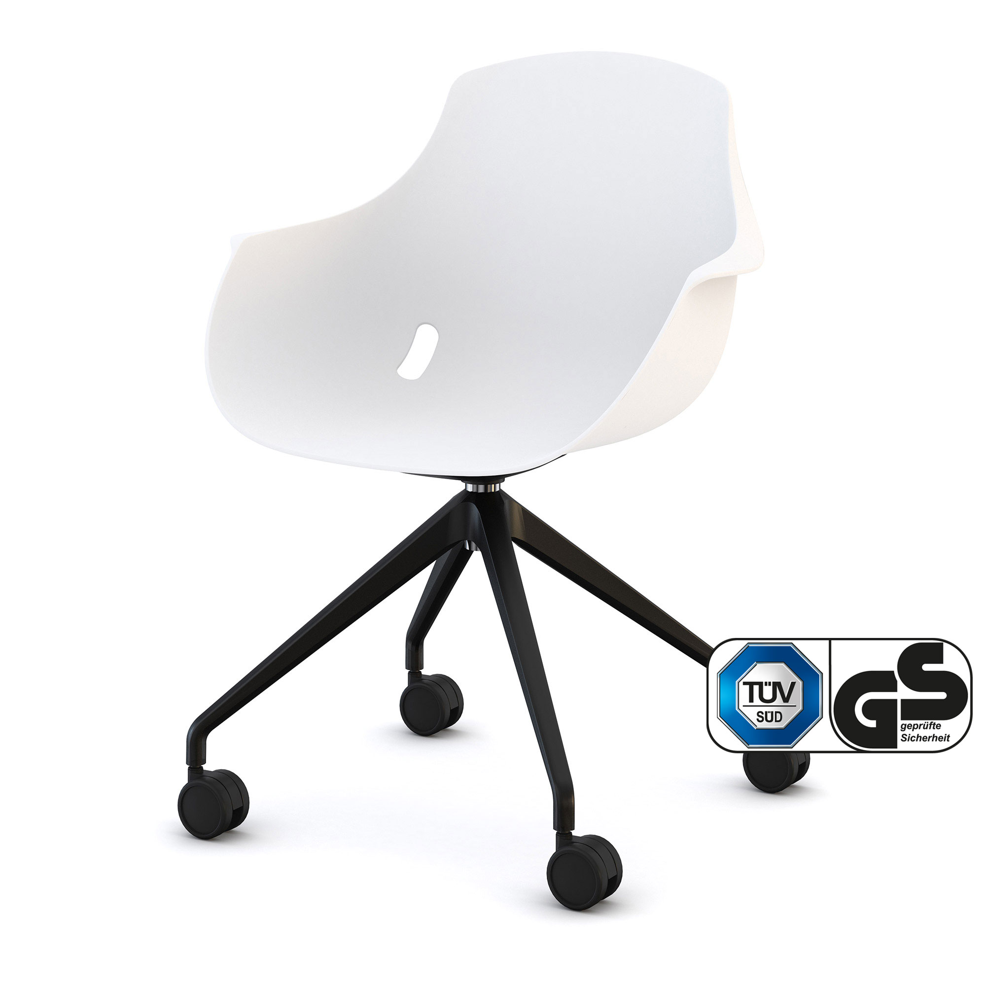 Ein moderner Bürostuhl mit weißer Sitzschale und schwarzem Rollengestell.