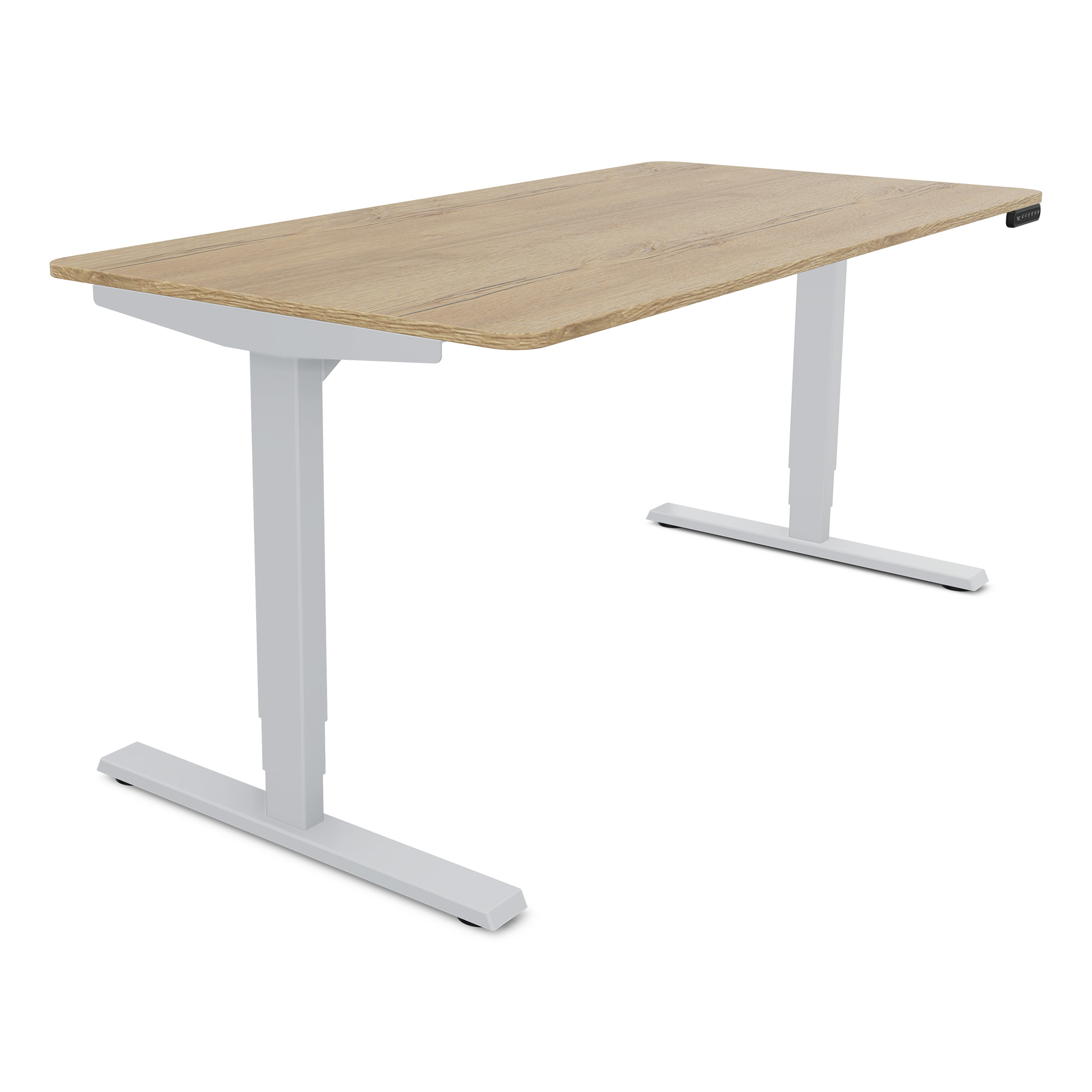 Ein moderner Schreibtisch mit einer hellen Holzplatte und weißen Metallbeinen.