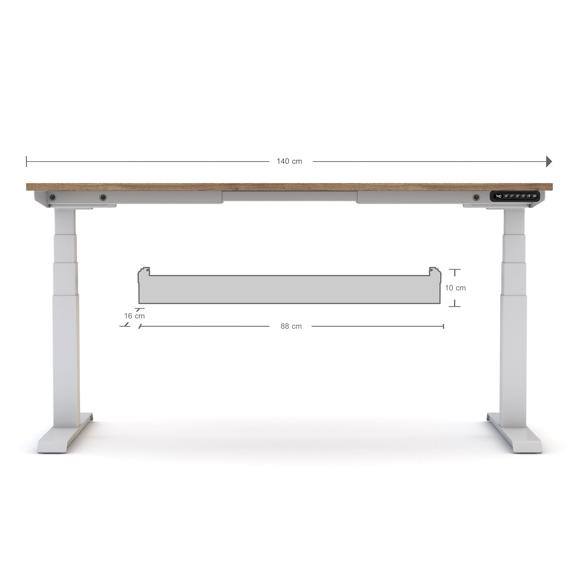 Maßzeichnung eines höhenverstellbaren Schreibtisches mit Breiten- und Höhenangaben.