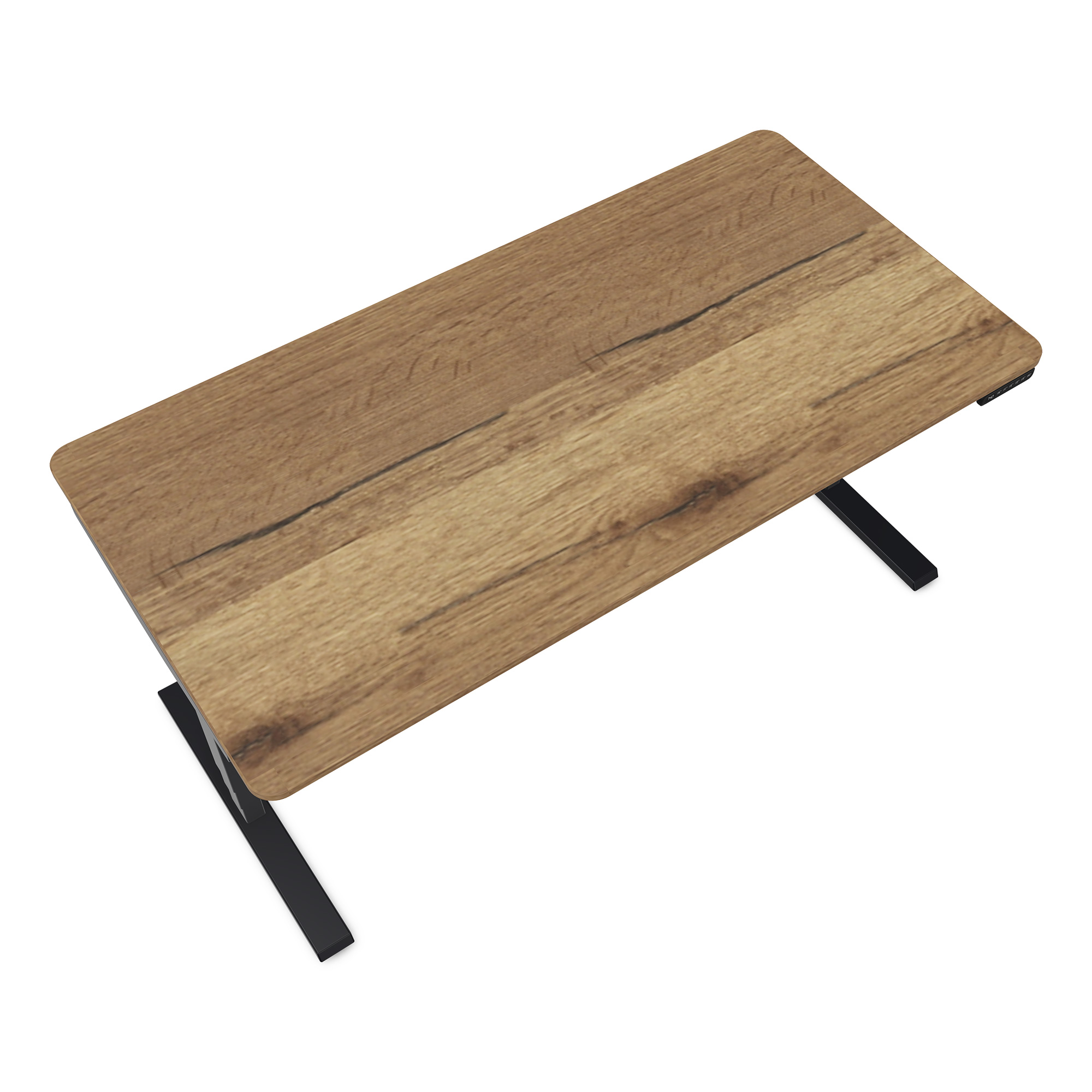 Ein moderner Schreibtisch mit einer Holzplatte und schwarzen Metallbeinen.