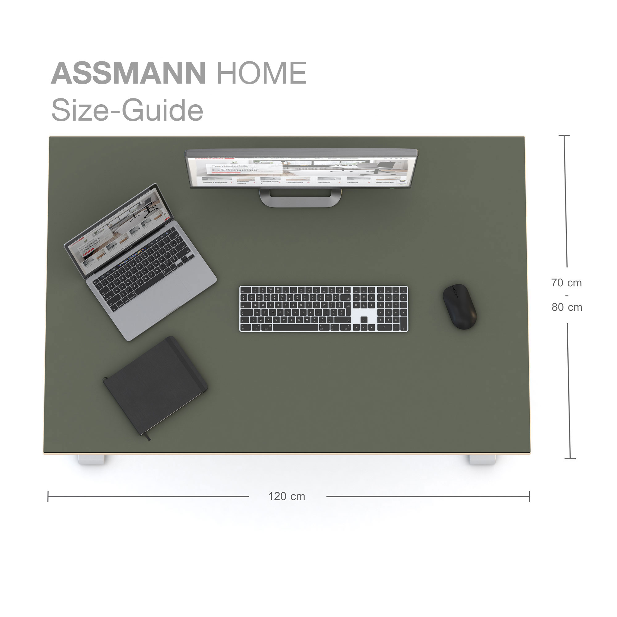 Größenübersicht eines Schreibtischs mit 120 × 70/80 cm, dargestellt mit Laptop, Monitor und Zubehör