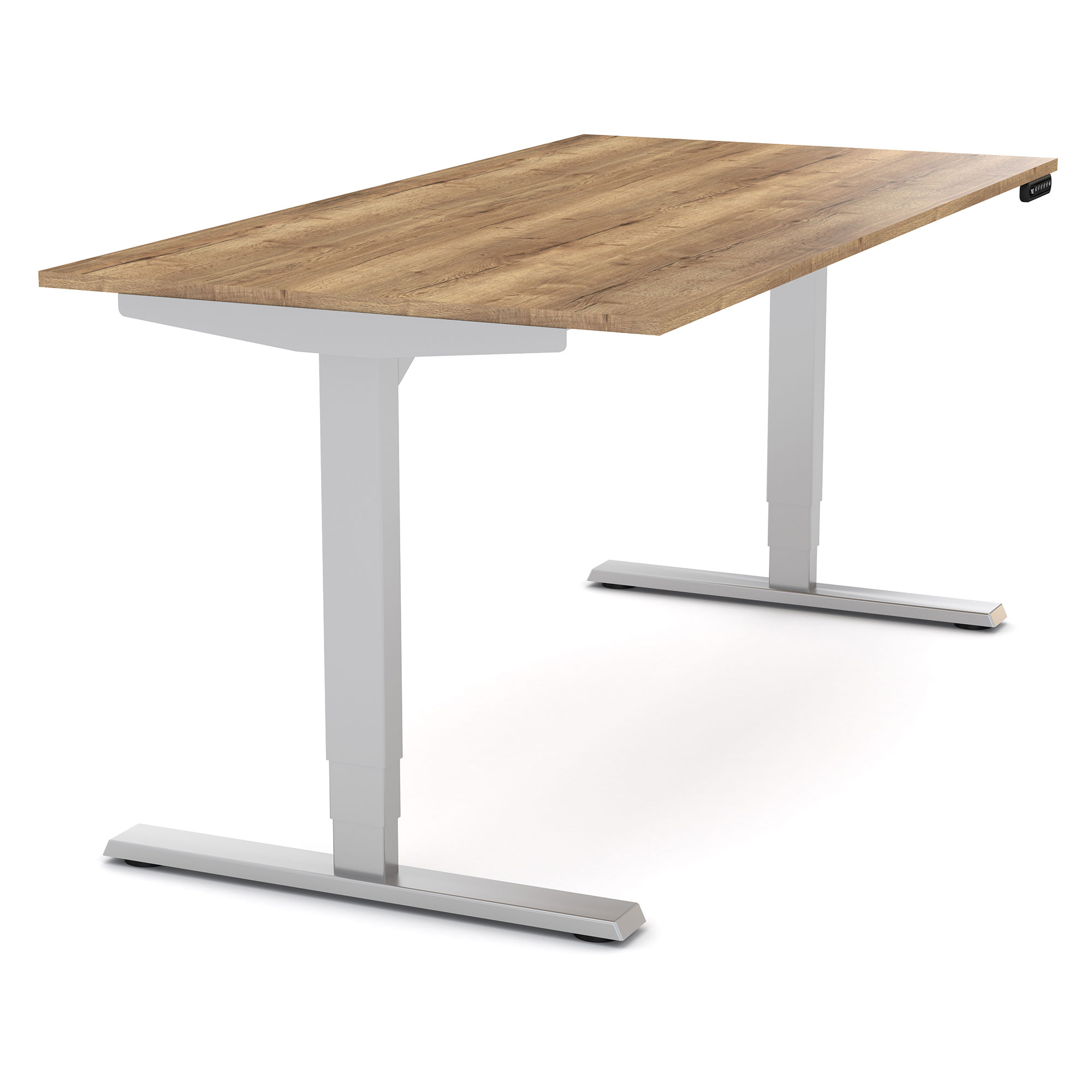 Höhenverstellbarer Schreibtisch mit brauner Holzplatte und weißem Metallgestell.