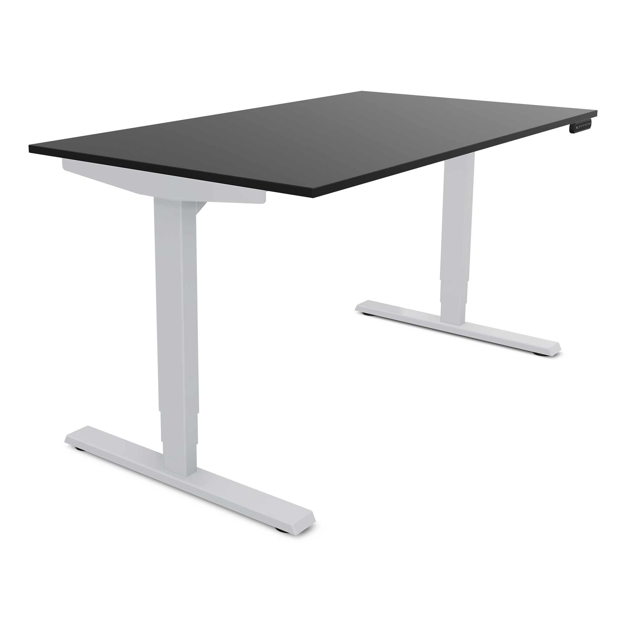 Elektrisch höhenverstellbarer Schreibtisch Y-Line Schreibtisch mit schwarzer Oberfläche und weißen Beinen.