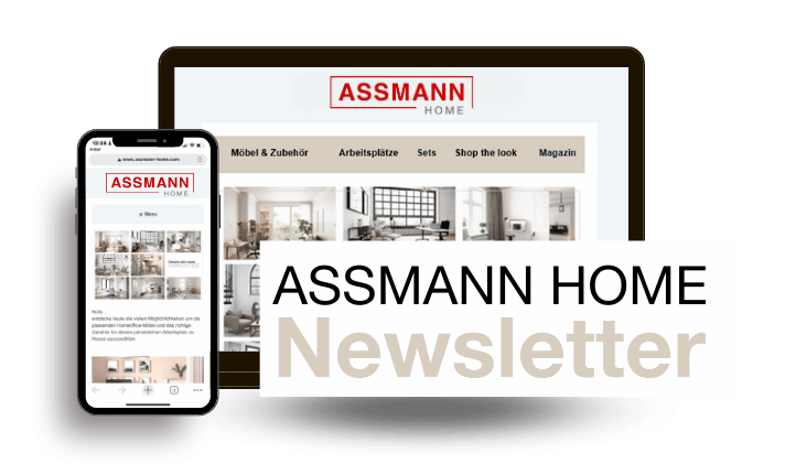 Smartphone und Tablet zeigen den ASSMANN HOME Newsletter mit Möbelinspirationen für das Homeoffice