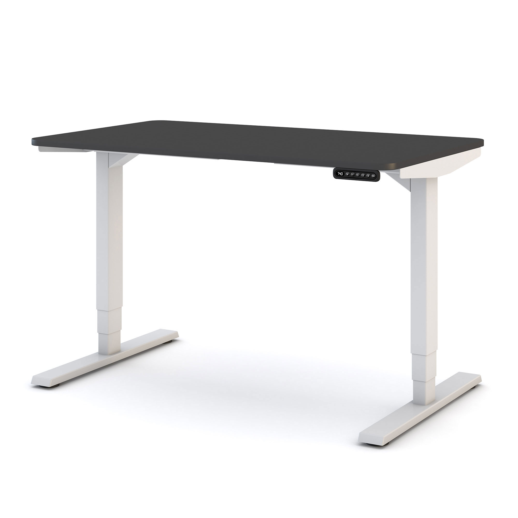 Höhenverstellbarer Schreibtisch mit schwarzer Tischplatte und weißem Gestell.