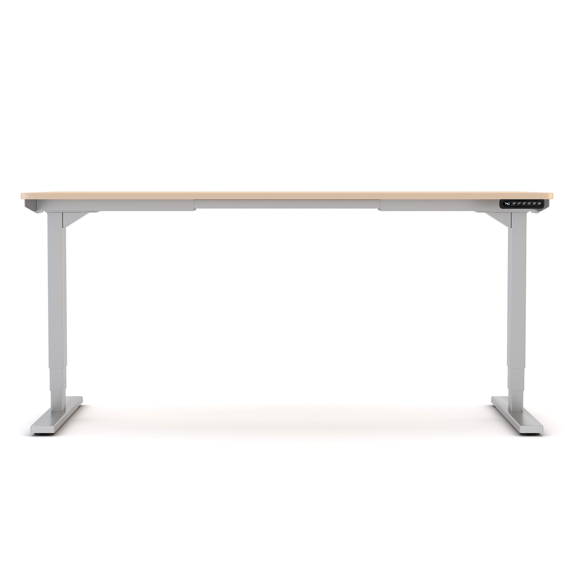 Höhenverstellbarer Schreibtisch mit heller Tischplatte und grauem Gestell in klarer Frontalansicht