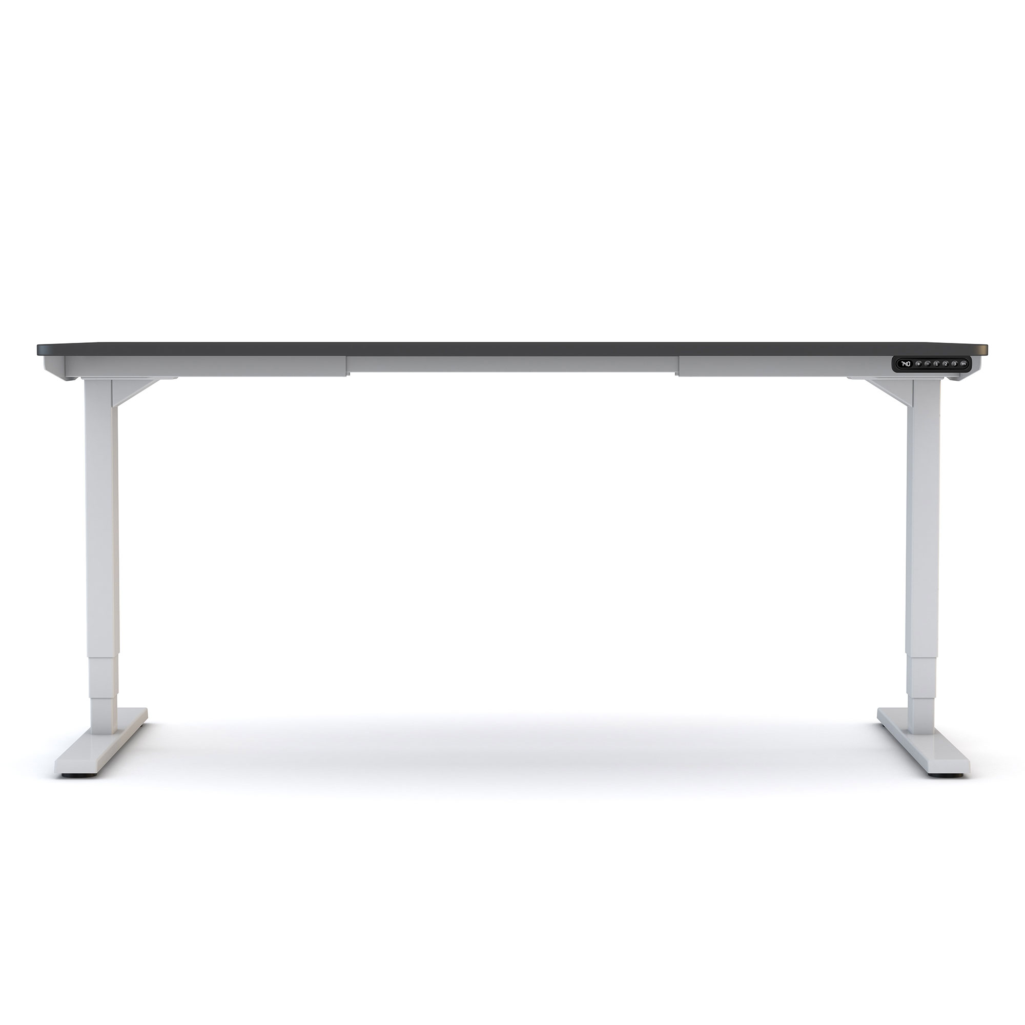 Ein moderner Schreibtisch mit einer grauen Oberfläche und weißen Beinen.