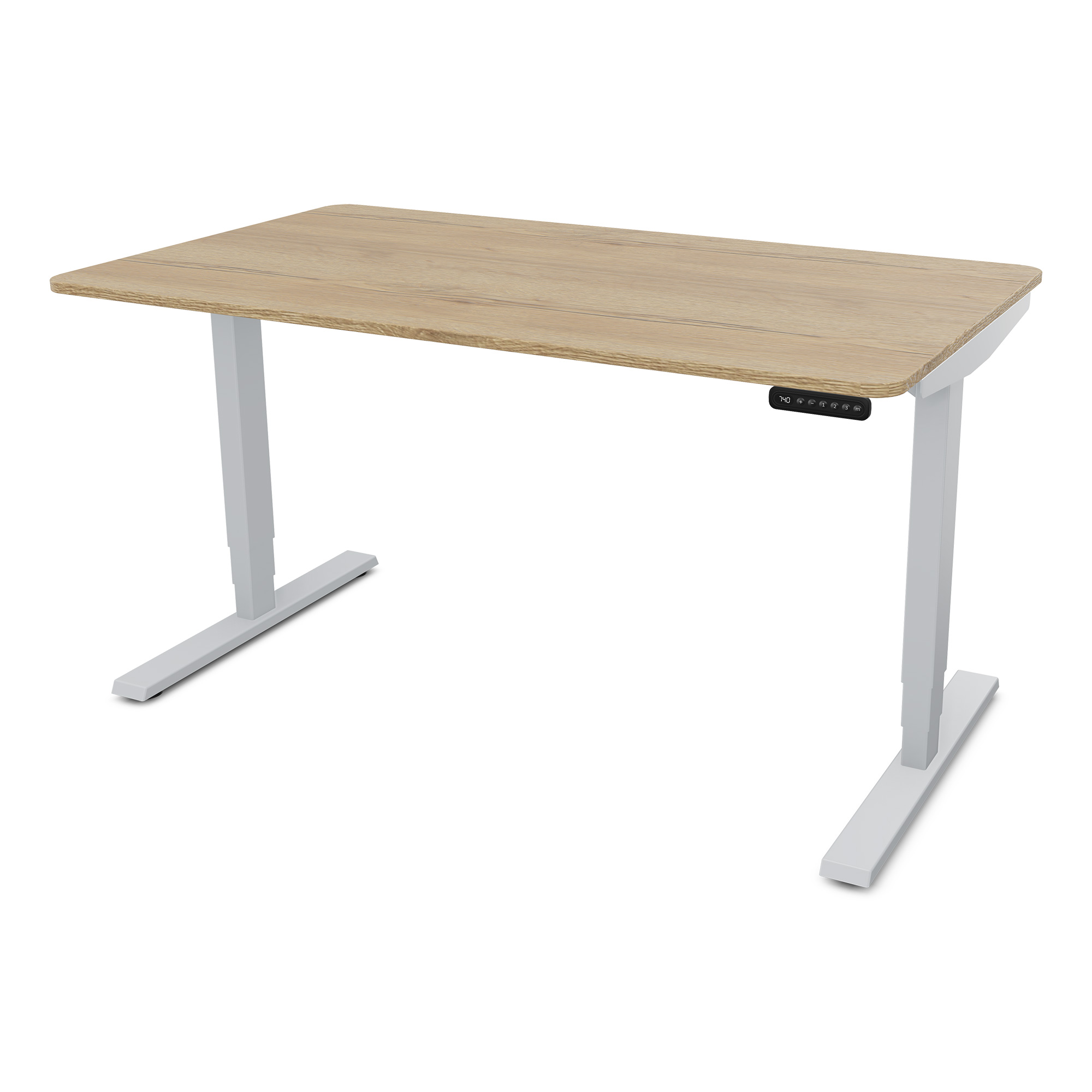 Elektrisch höhenverstellbarer Schreibtisch Y-Line Curved Ein moderner Schreibtisch mit einer hellen Holzplatte und weißen Metallbeinen.