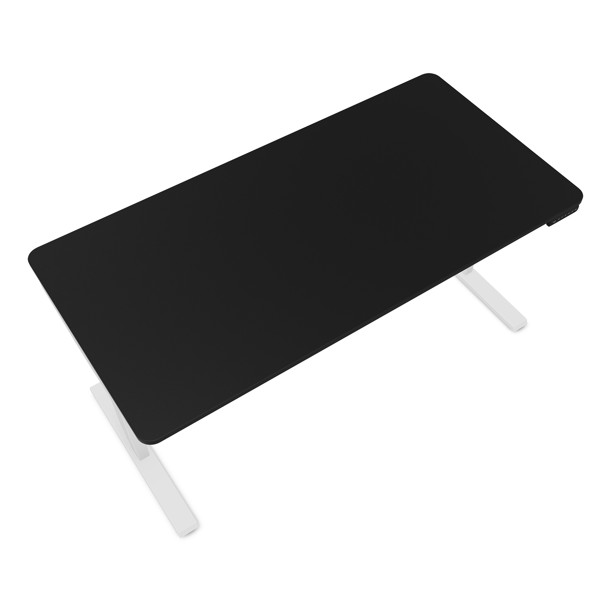 Ein schwarzer Schreibtisch mit weißen Beinen und einem Bedienelement an der Seite.