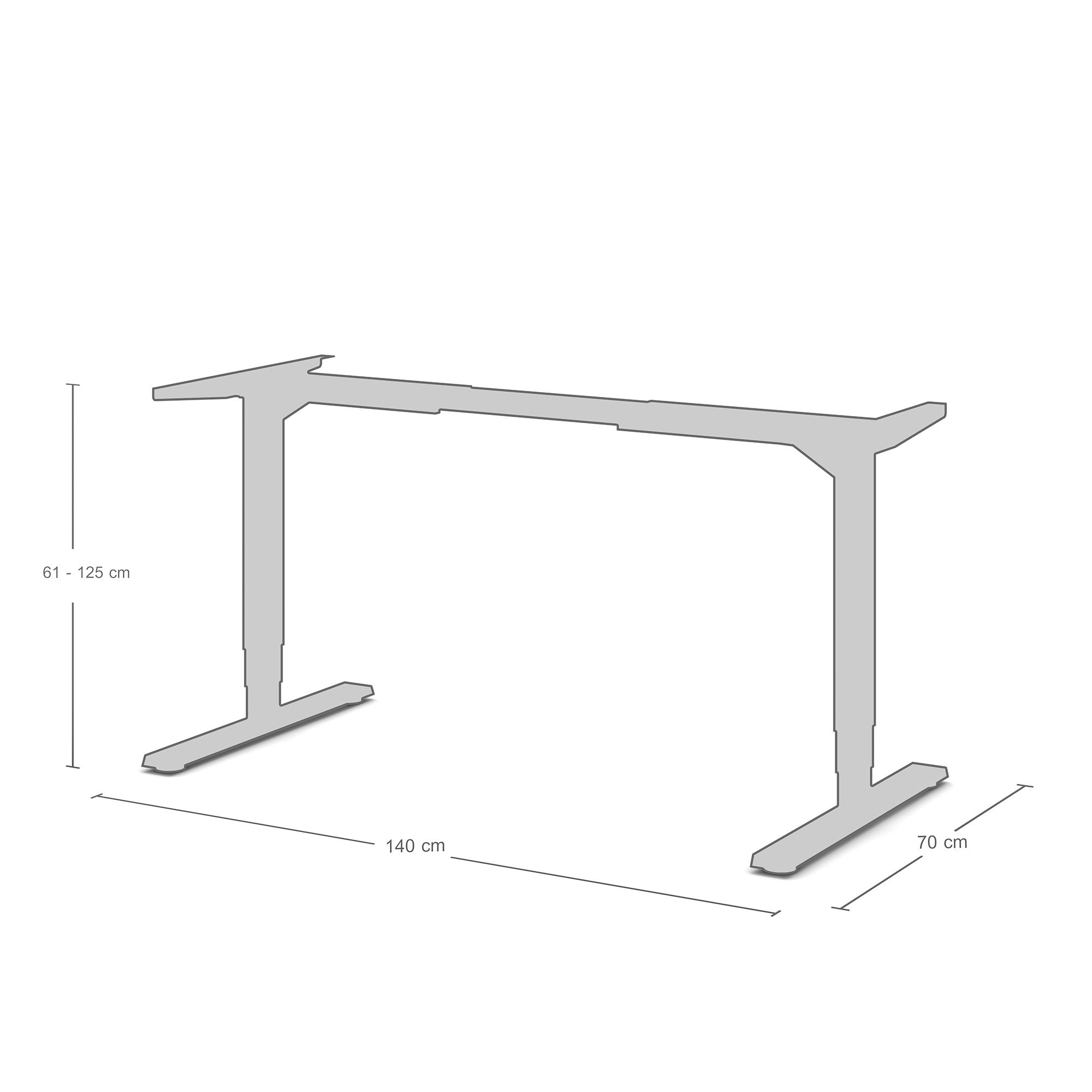 Technische Zeichnung eines höhenverstellbaren Schreibtischgestells mit Maßen 140 cm Breite und 70 cm Tiefe.