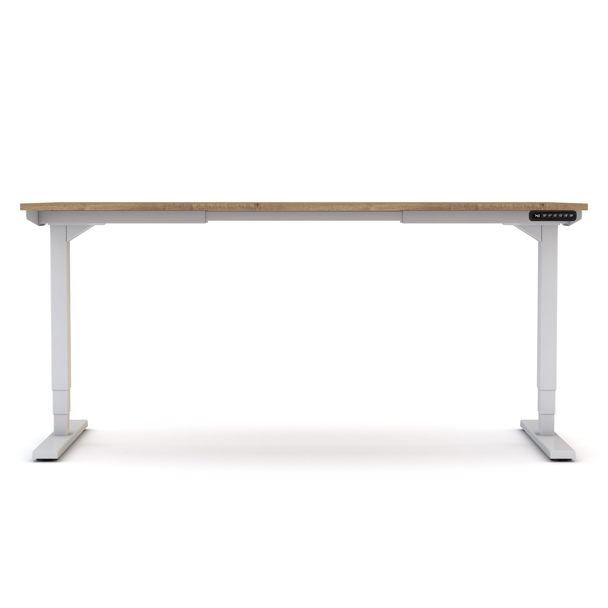 Höhenverstellbarer Schreibtisch mit Holzplatte und weißem Gestell in Frontalansicht.