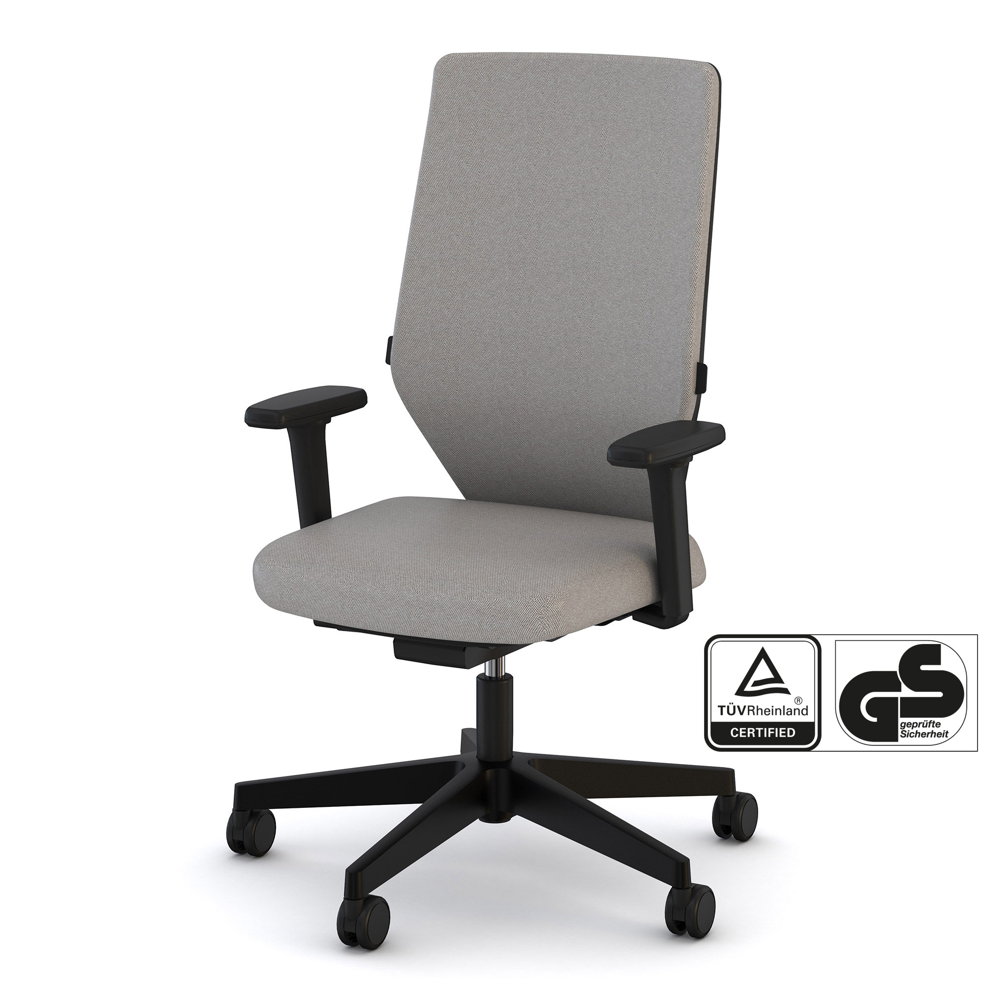 Ergonomischer Bürostuhl mit grauem Bezug, schwarzem Gestell und TÜV Rheinland sowie GS Zertifizierung.