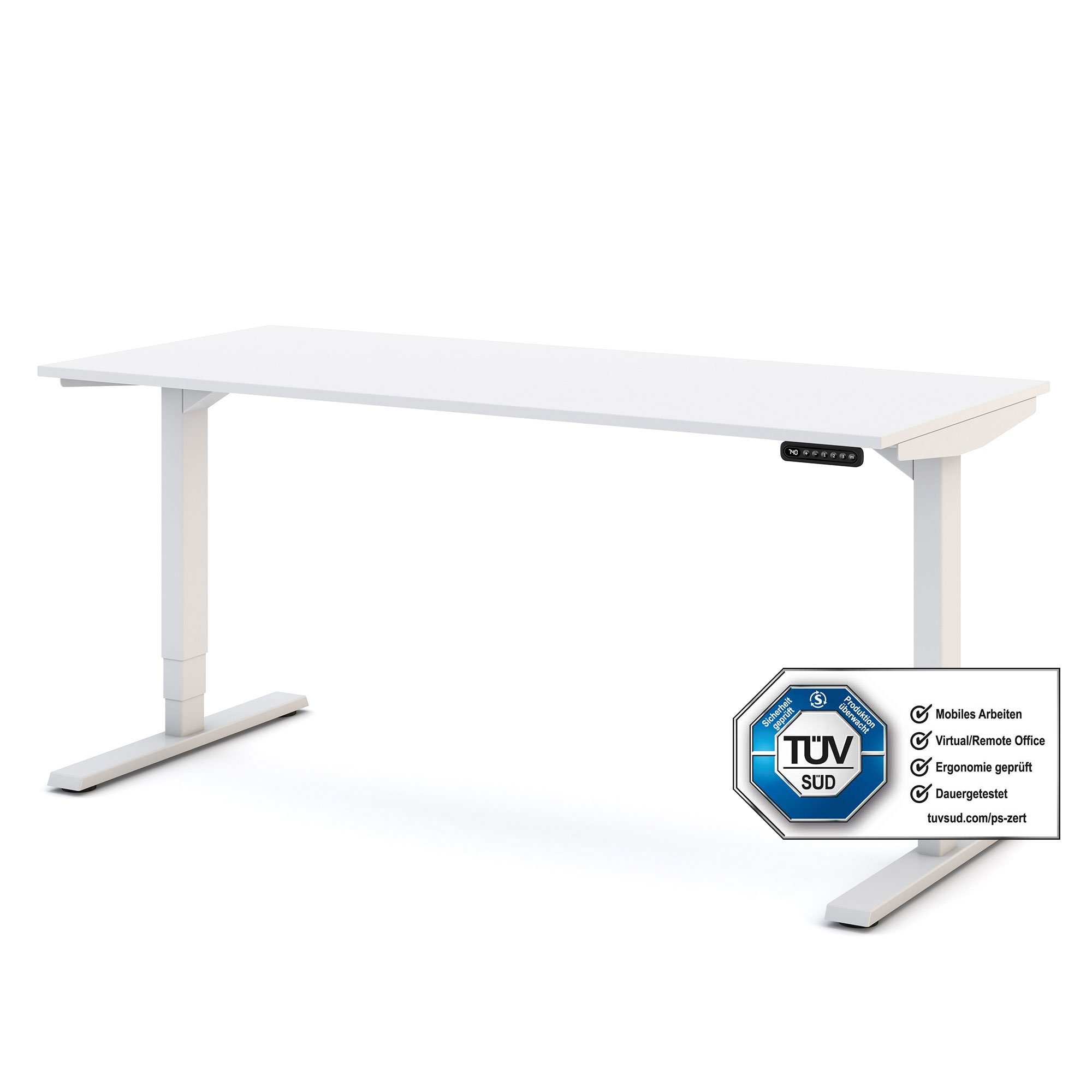 Schlichter weißer Schreibtisch mit TÜV-Zertifikat für ergonomisches Arbeiten