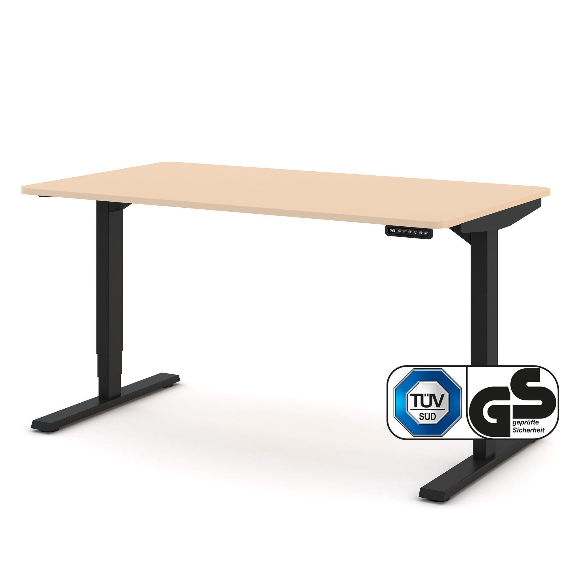 Elektrisch höhenverstellbarer Schreibtisch Y-Line Curved Elektrisch höhenverstellbarer Schreibtisch mit beiger Tischplatte und schwarzem Gestell – TÜV- und GS-zertifiziertes Modell für ergonomisches Arbeiten im Büro oder Home-Office