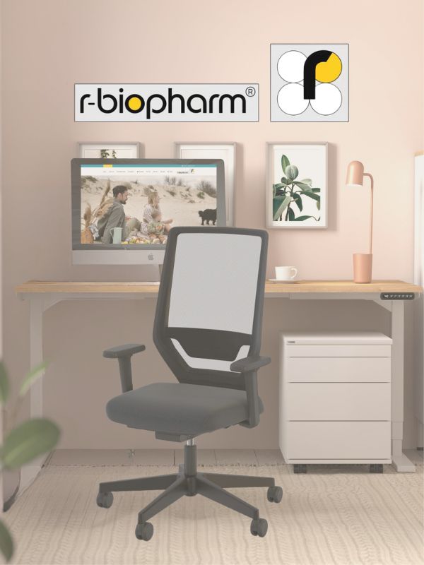 Ergonomischer Schreibtischstuhl vor höhenverstellbarem Arbeitsplatz mit Monitor und Firmenlogo