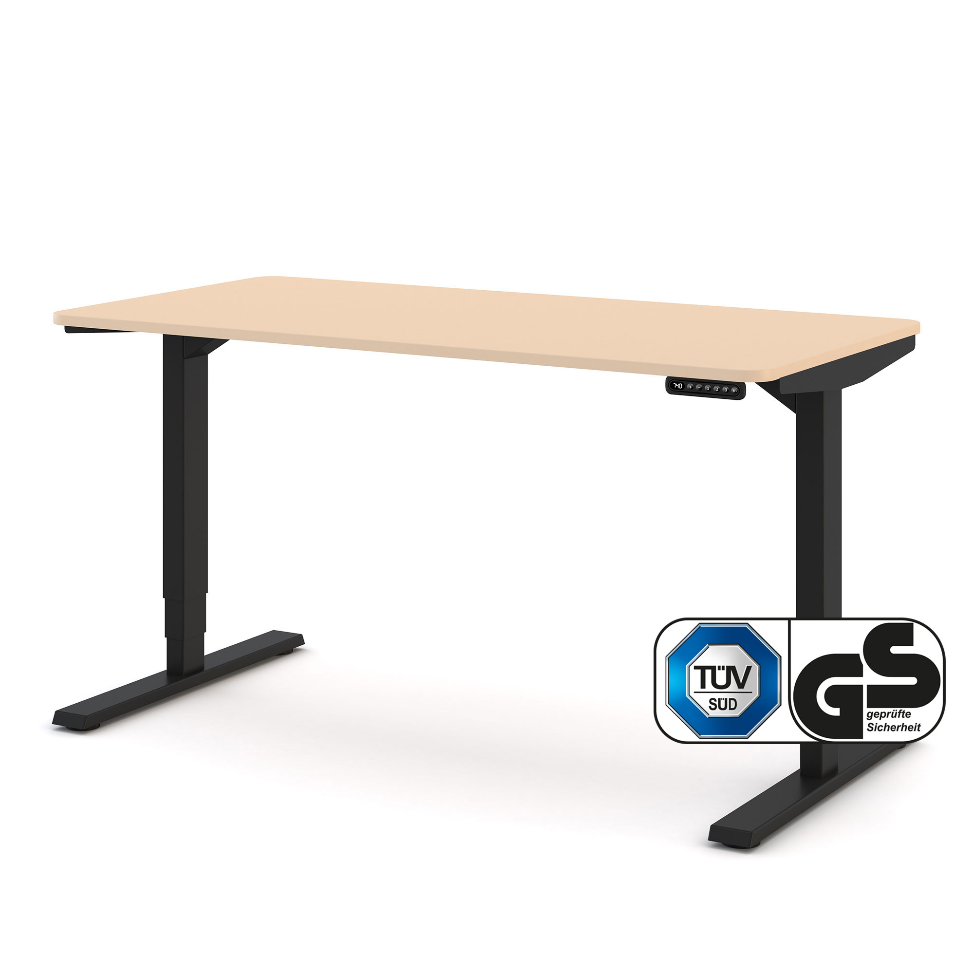 Elektrisch höhenverstellbarer Schreibtisch Y-Line Curved Elektrisch höhenverstellbarer Schreibtisch mit beiger Tischplatte und schwarzem Gestell – GS- und TÜV-zertifiziert für ergonomisches Arbeiten im Home-Office oder Büro