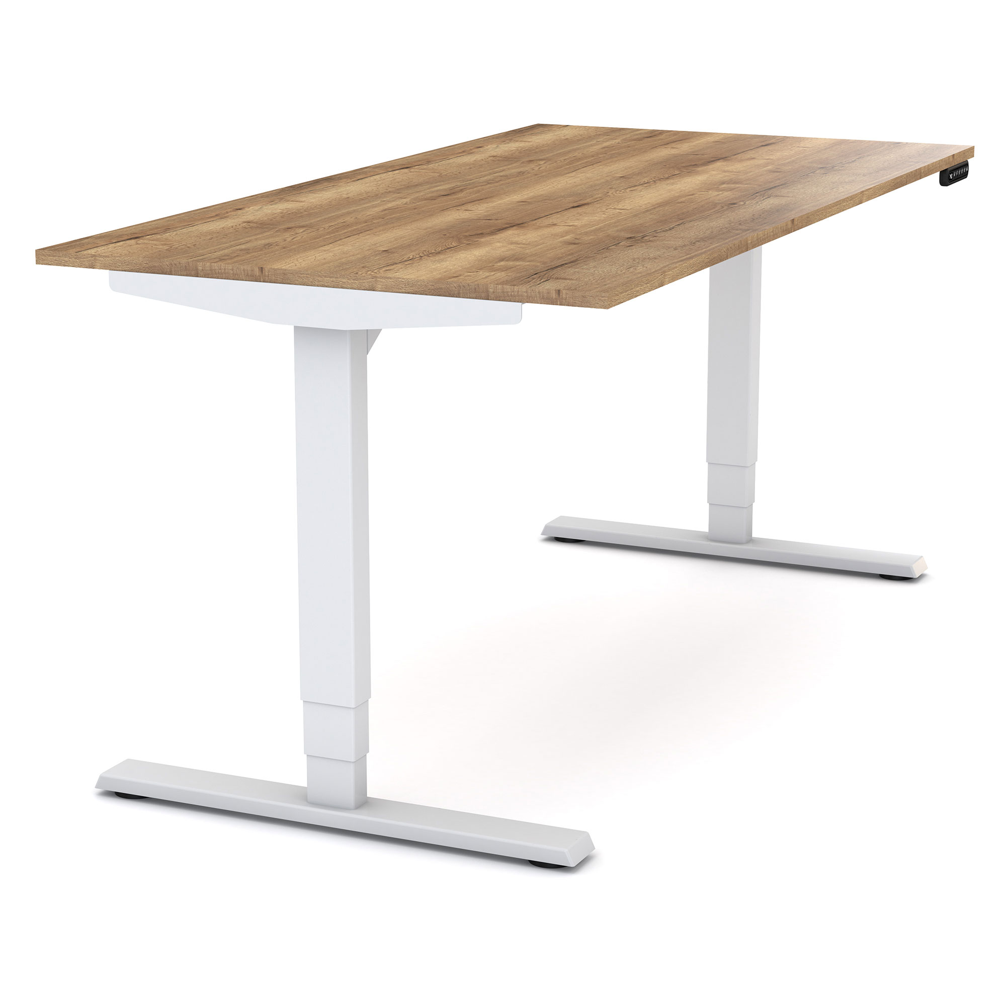 Höhenverstellbarer Schreibtisch mit Holzplatte und weißem Gestell.