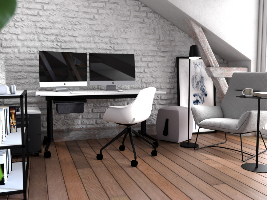 Ein modernes Büro mit zwei Computermonitoren, einem Schreibtisch, einem weißen Stuhl, einem Sessel, einer Lampe und Bücherregalen. Der Boden ist aus Holz und die Wände sind aus Sichtstein.