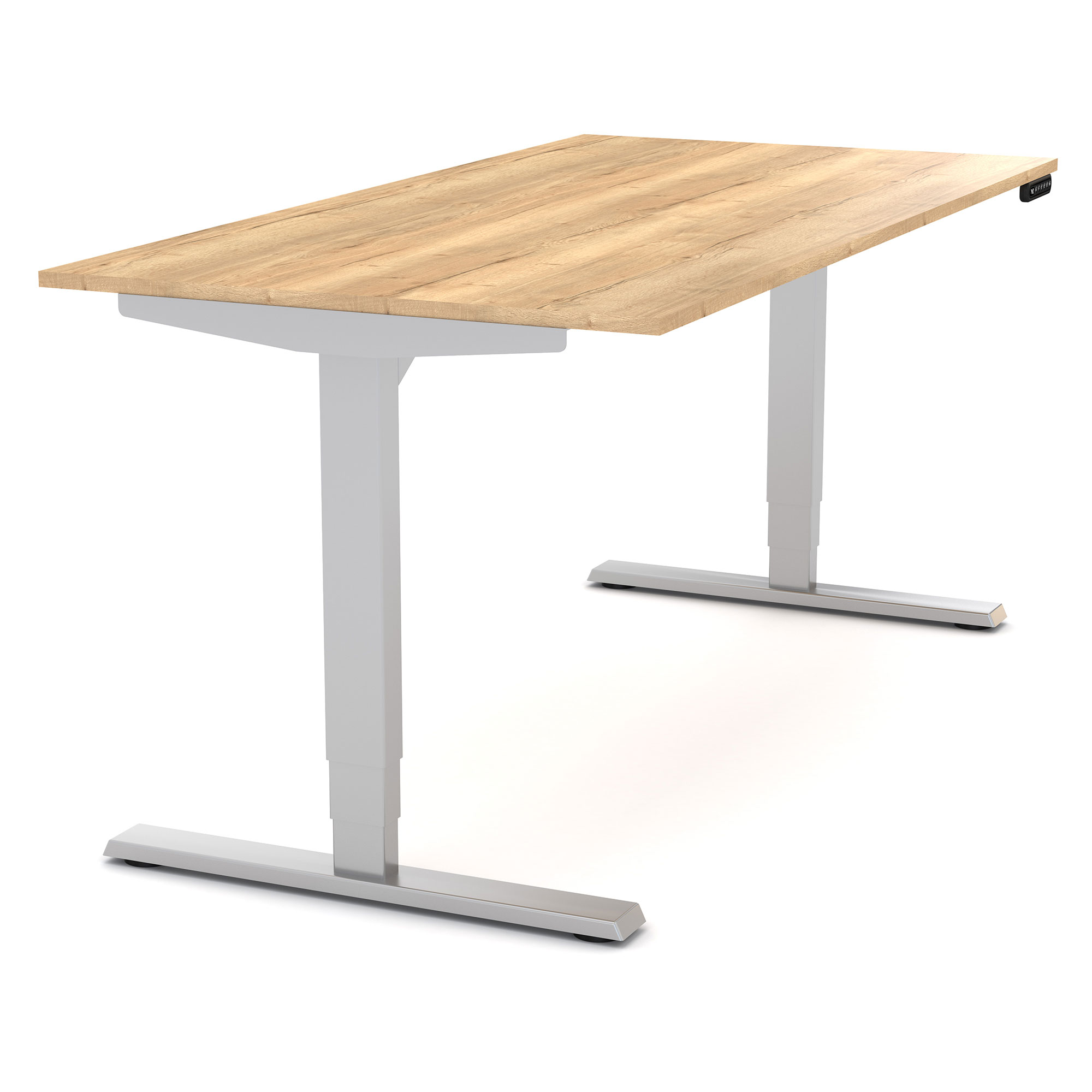 Höhenverstellbarer Schreibtisch mit Holzoptik und weißem Gestell.